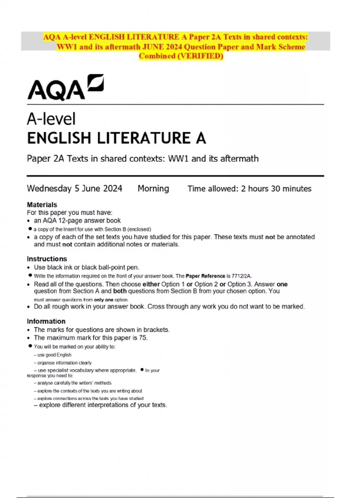 2024 AQA A-level ENGLISH LITERATURE A Paper 2A Texts in shared contexts ...