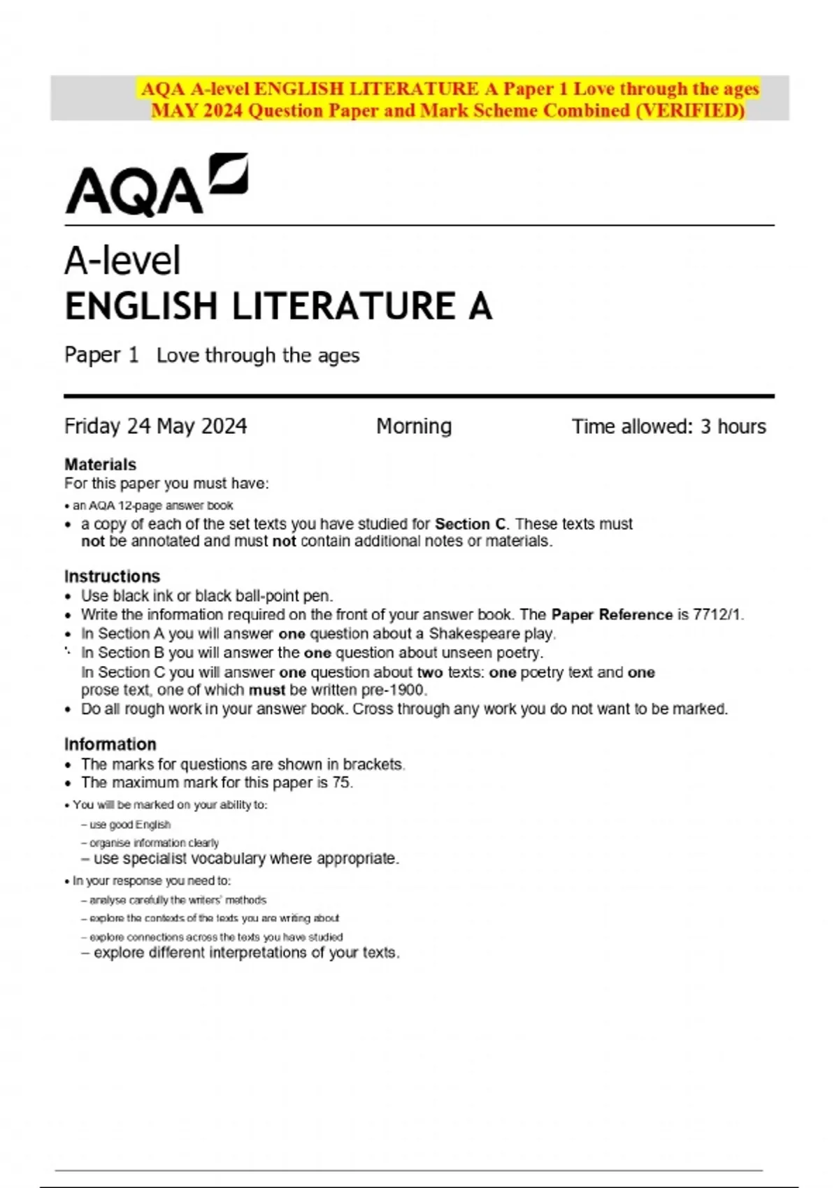 2024 AQA A-level ENGLISH LITERATURE A Paper 1 Love through the ages MAY ...