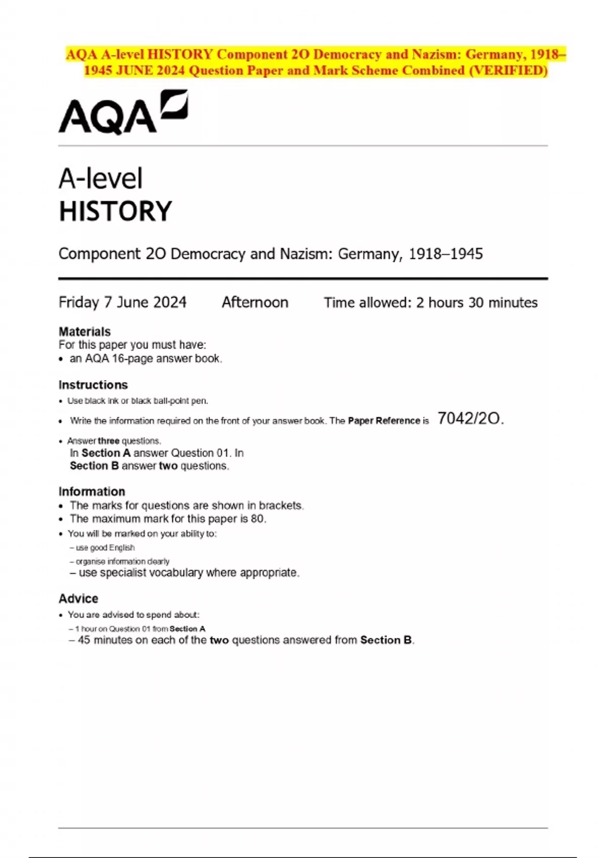 2024 AQA A-level HISTORY Component 2O Democracy and Nazism: Germany ...