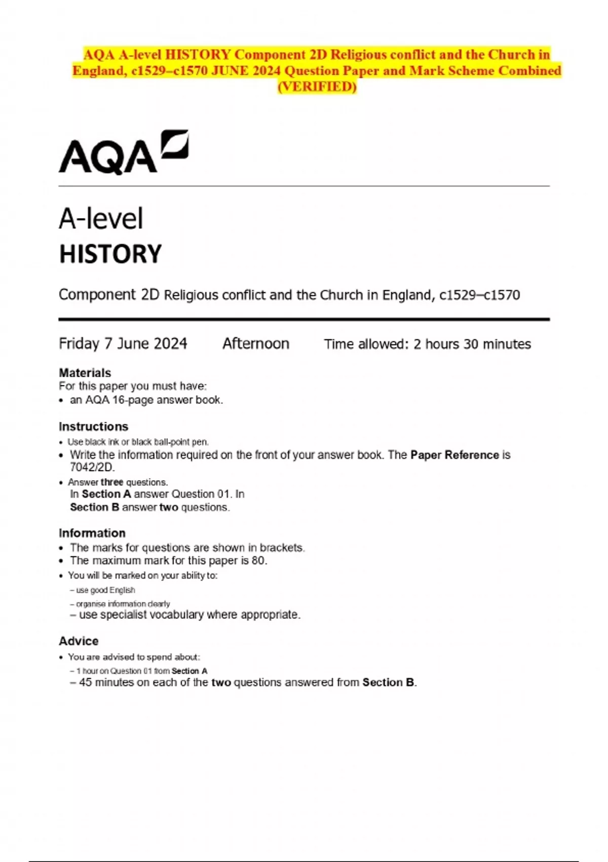 2024 AQA A-level HISTORY Component 2D Religious conflict and the Church ...