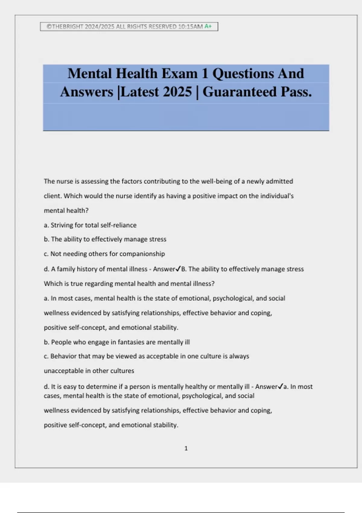 Mental Health Exam 1 Questions And Answers Latest 2025 Guaranteed