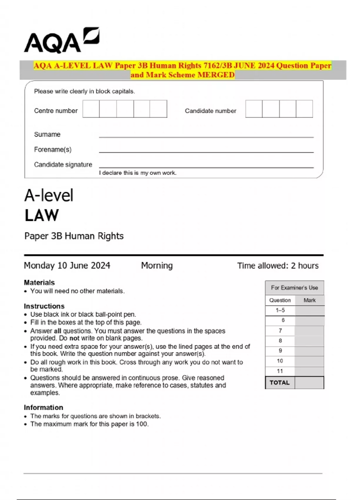 2024 AQA A-LEVEL LAW Paper 3B Human Rights 7162/3B JUNE Question Paper ...