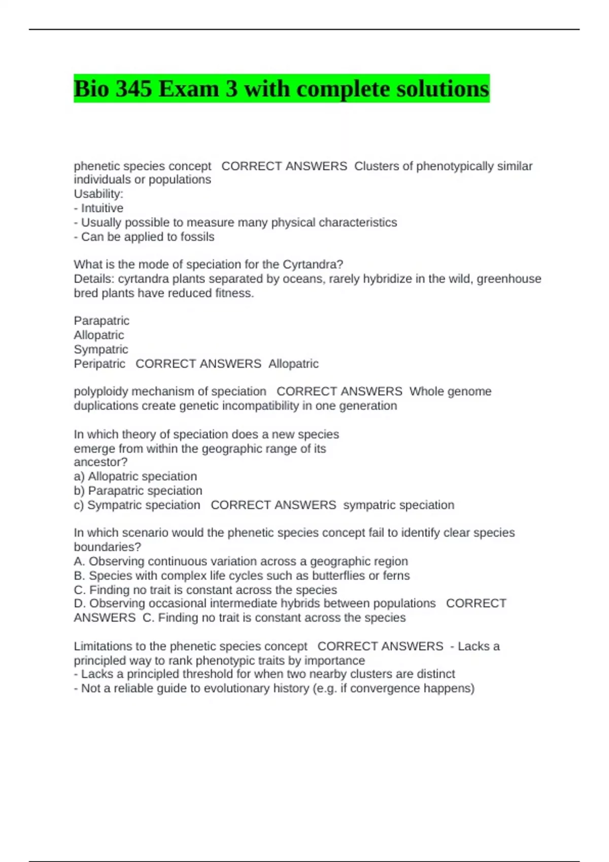 Bio 345 Exam 3 with complete solutions - BIO 345 - Stuvia US
