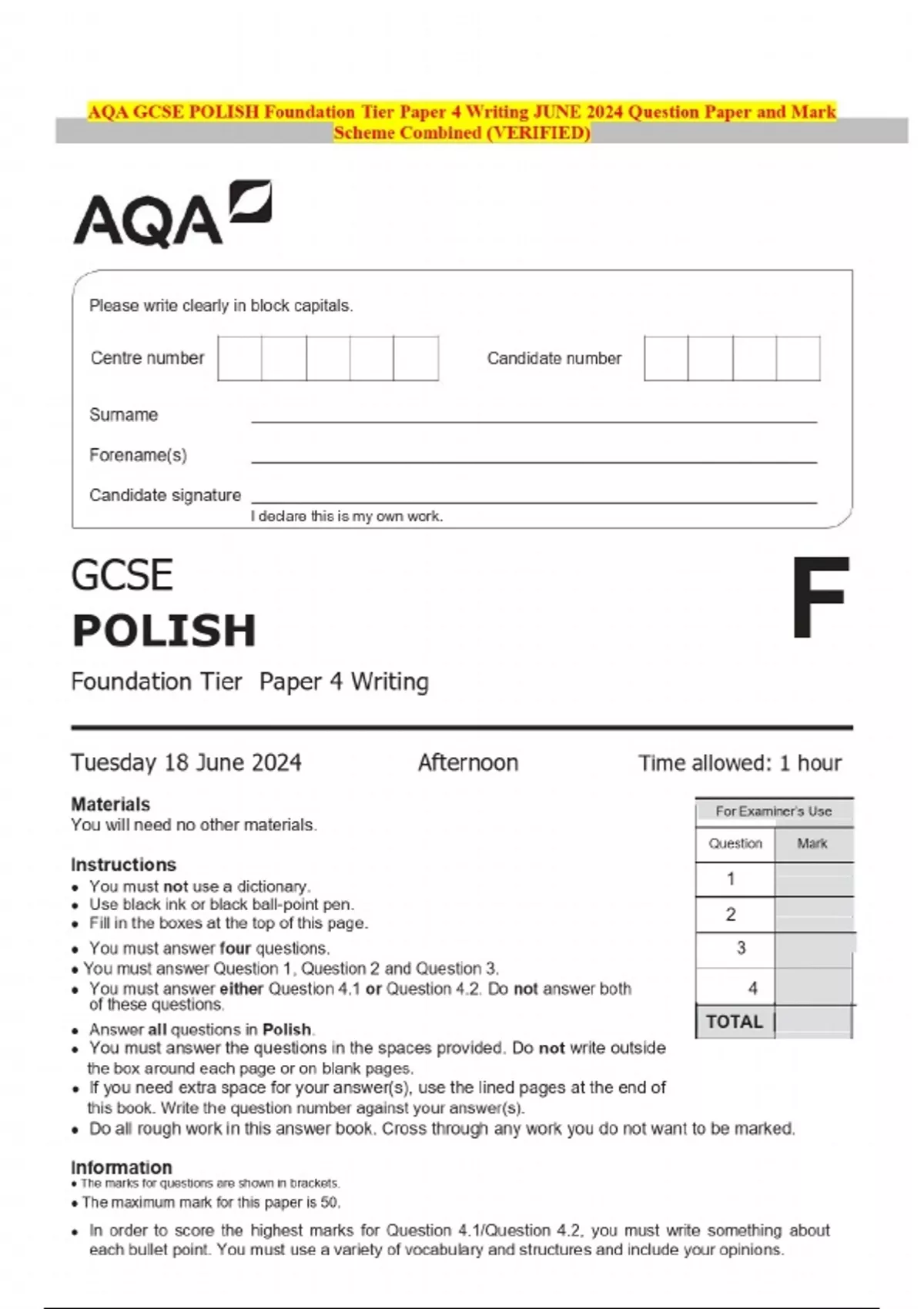 2024 AQA GCSE POLISH Foundation Tier Paper 4 Writing JUNE Question ...
