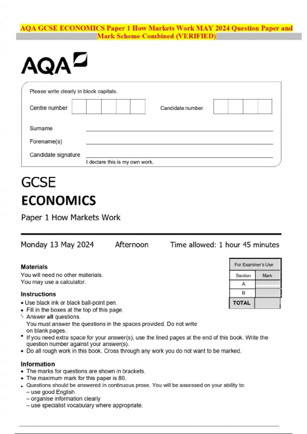 2024 AQA GCSE ECONOMICS Paper 1 How Markets Work MAY Question Paper and ...