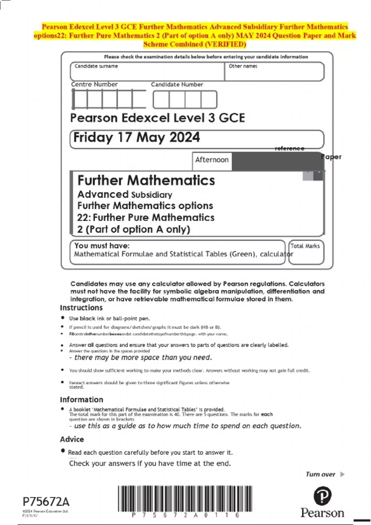 2024 Pearson Edexcel Level 3 GCE Further Mathematics Advanced ...