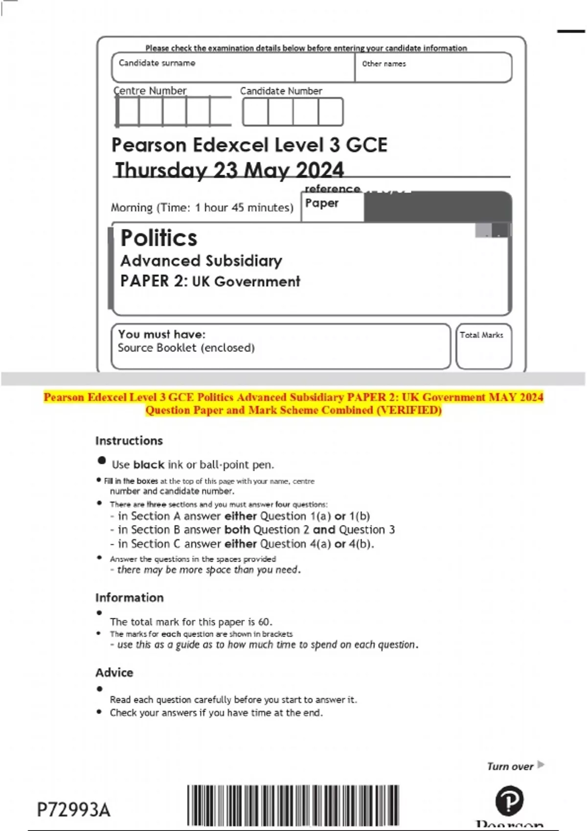 2024 Pearson Edexcel Level 3 GCE Politics Advanced Subsidiary PAPER 2 ...