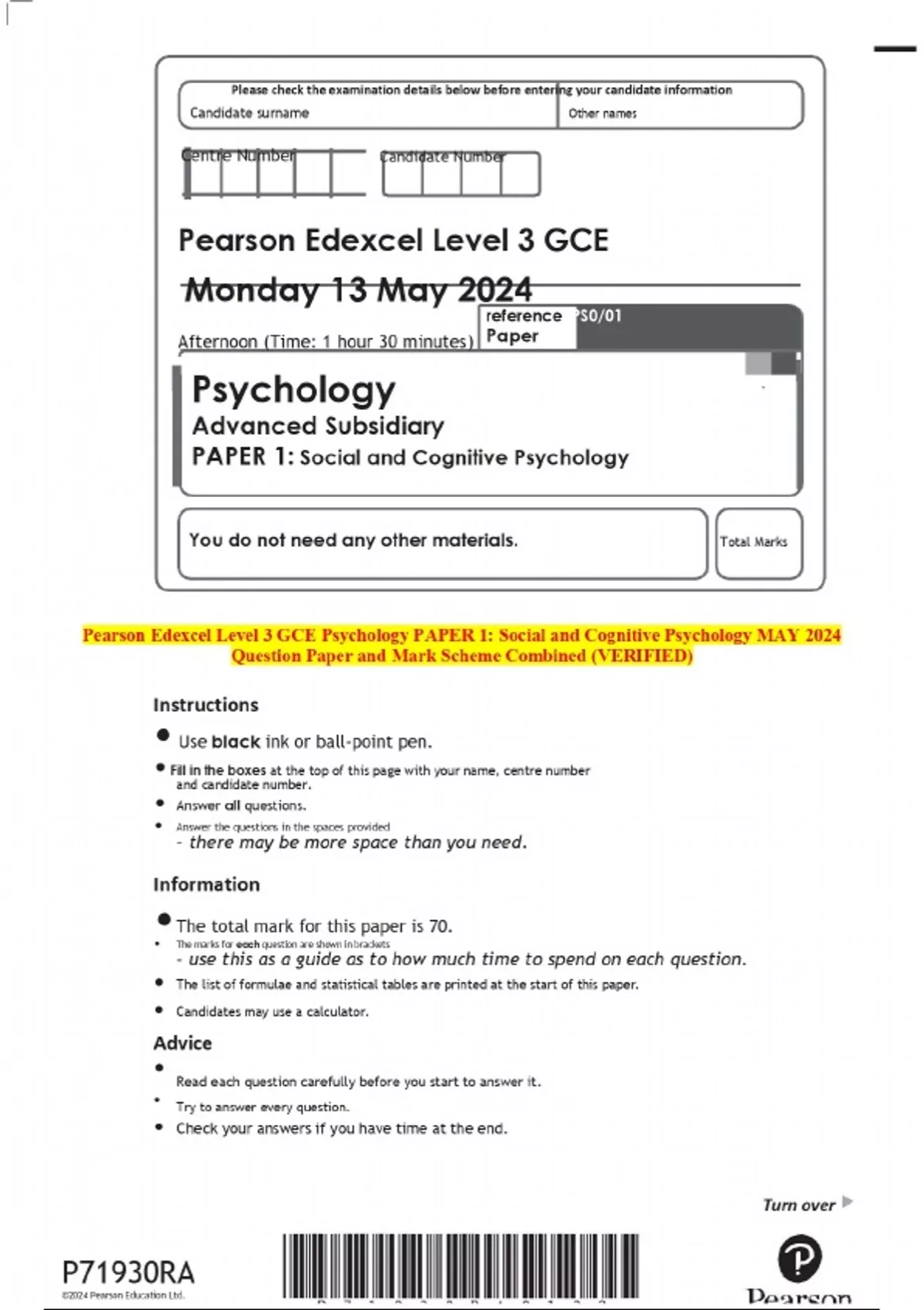 2024 Pearson Edexcel Level 3 GCE Psychology PAPER 1: Social and ...