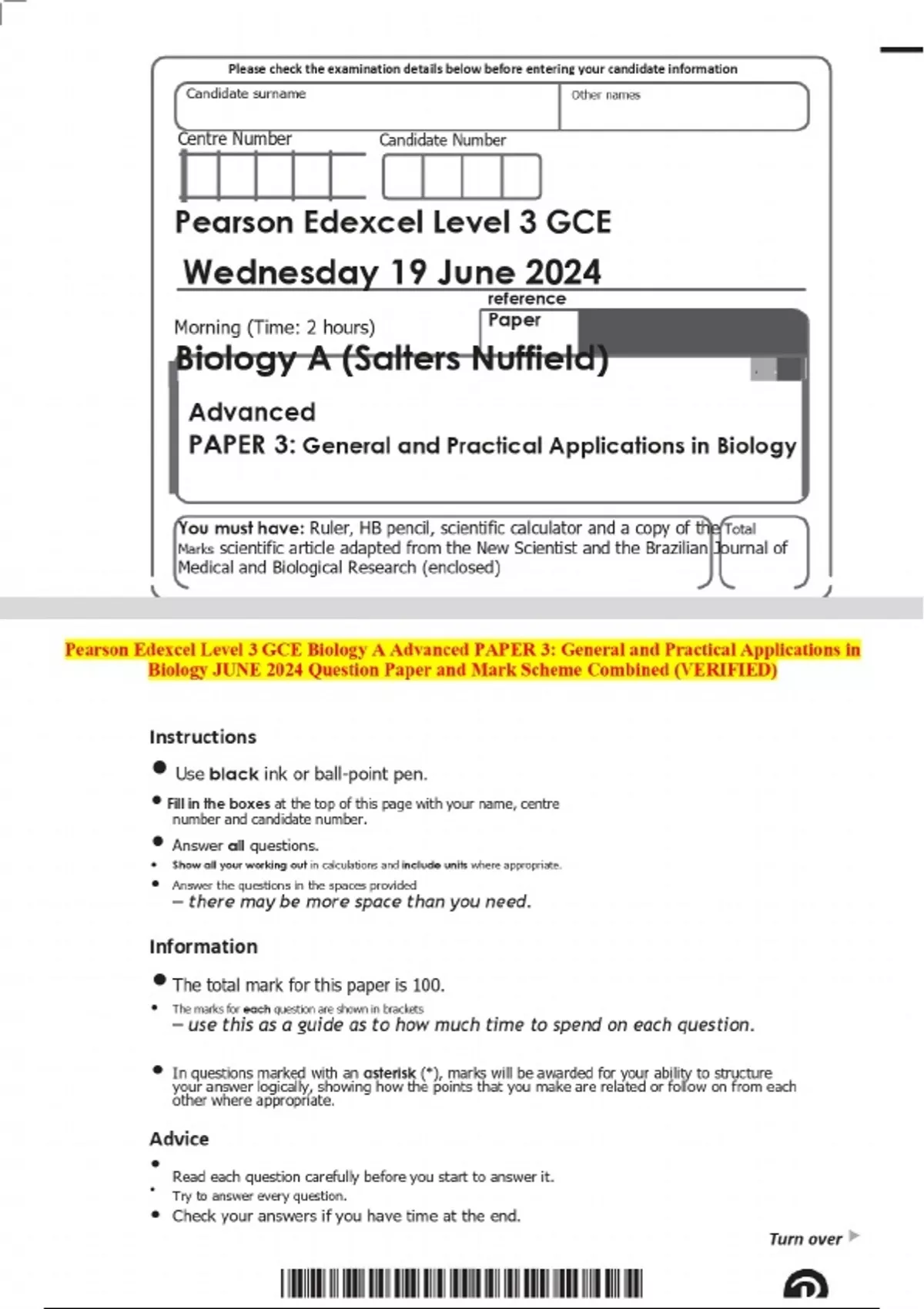 2024 Pearson Edexcel Level 3 GCE Biology A Advanced PAPER 3: General ...