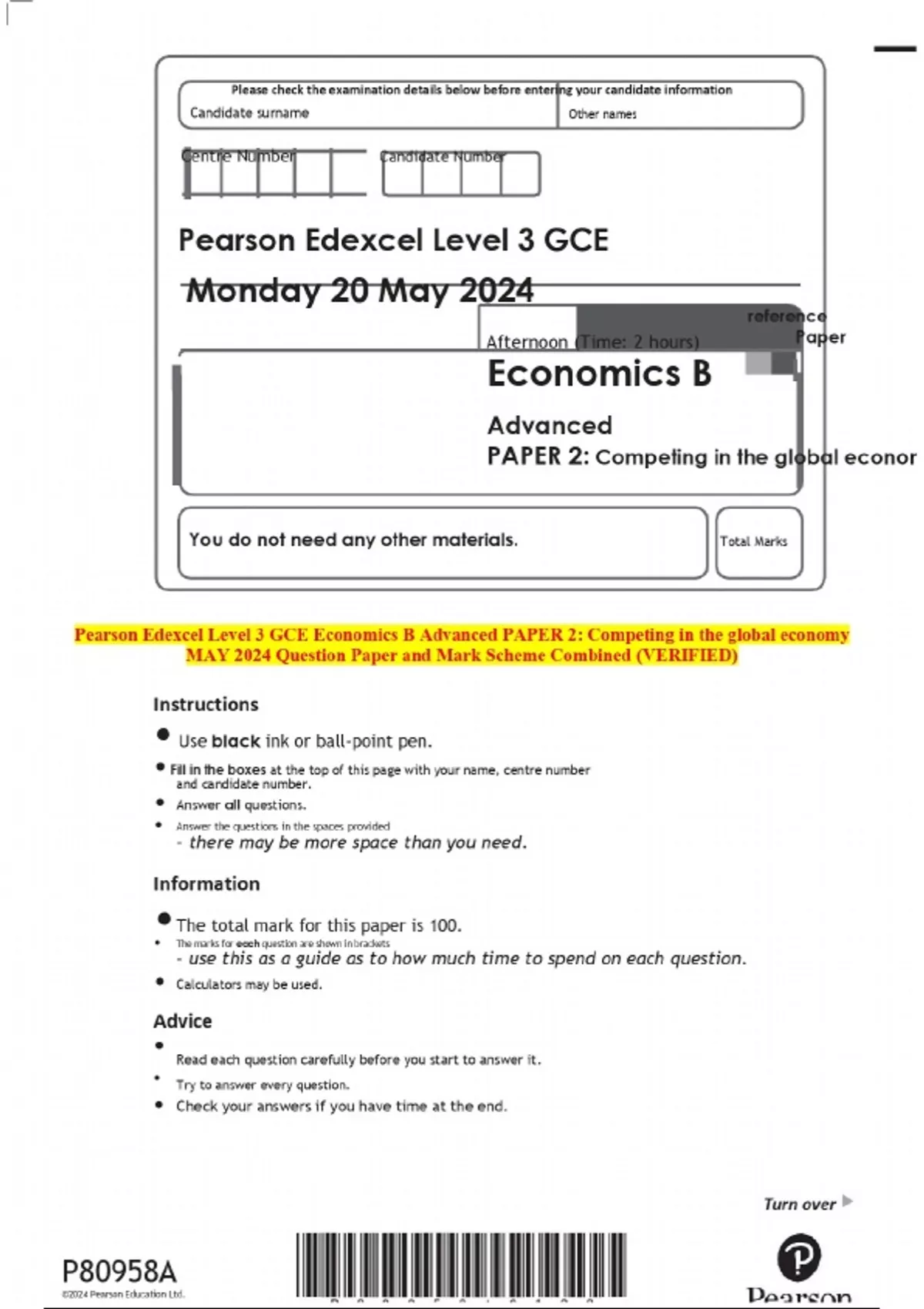 2024 Pearson Edexcel Level 3 GCE Economics B Advanced PAPER 2 ...