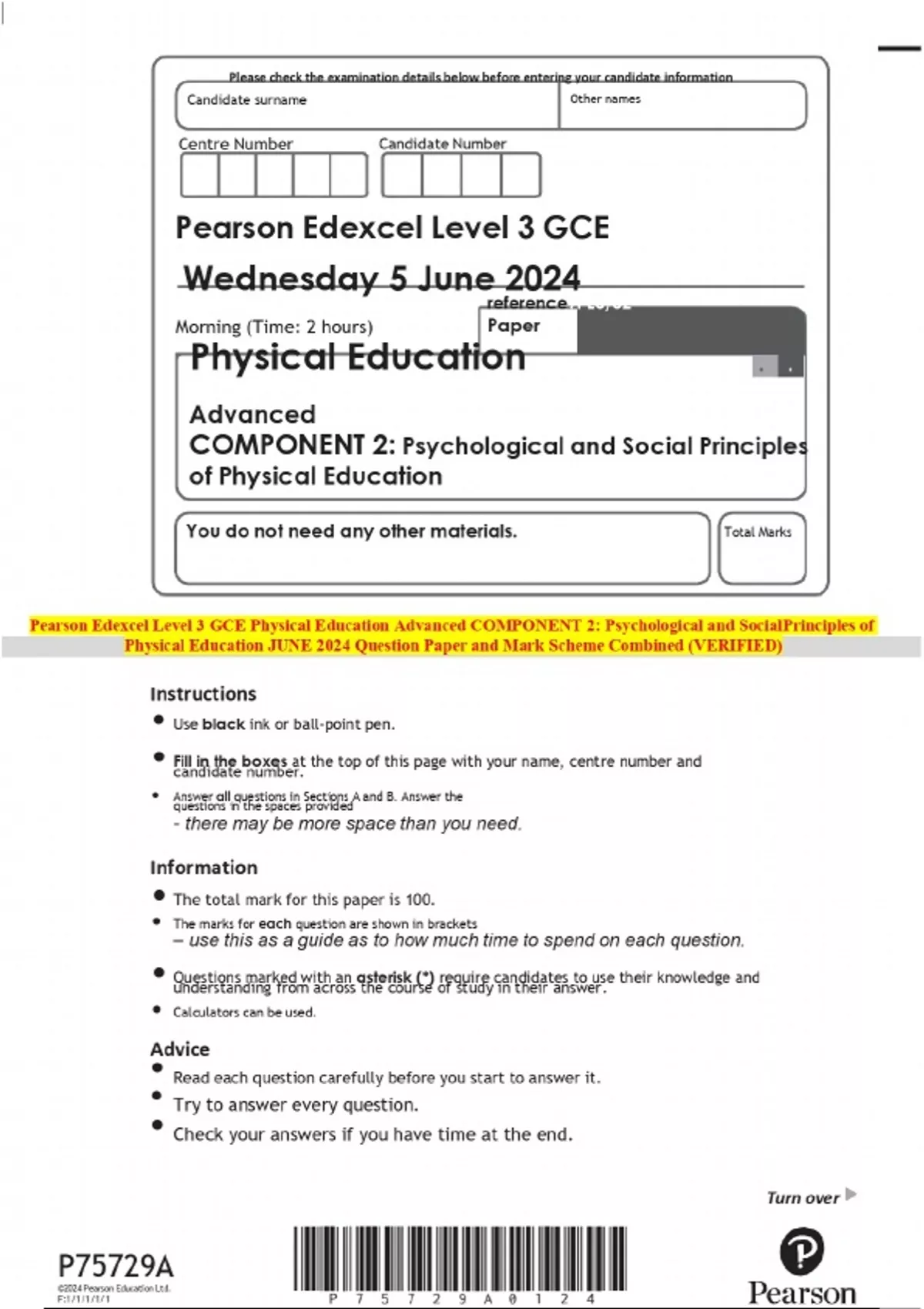 2024 Pearson Edexcel Level 3 GCE Physical Education Advanced COMPONENT ...