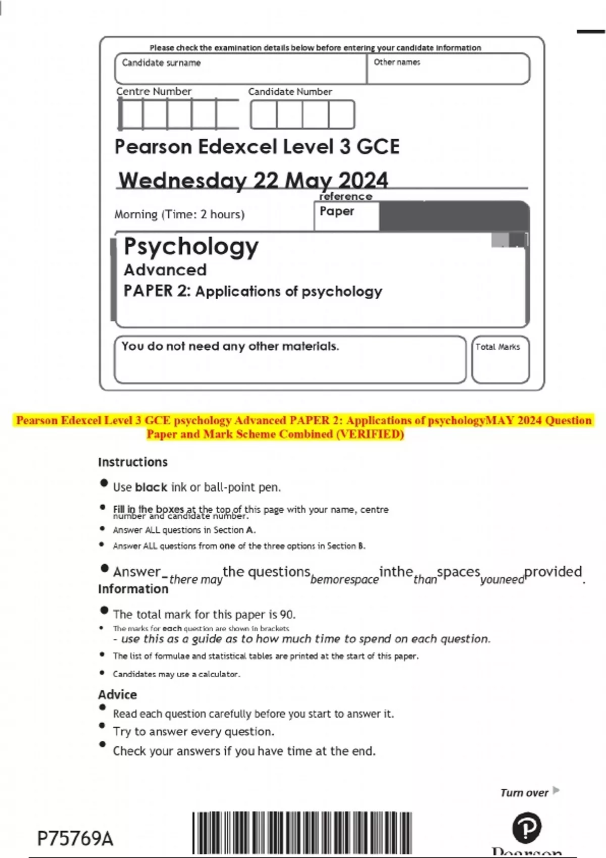 2024 Pearson Edexcel Level 3 GCE psychology Advanced PAPER 2 ...