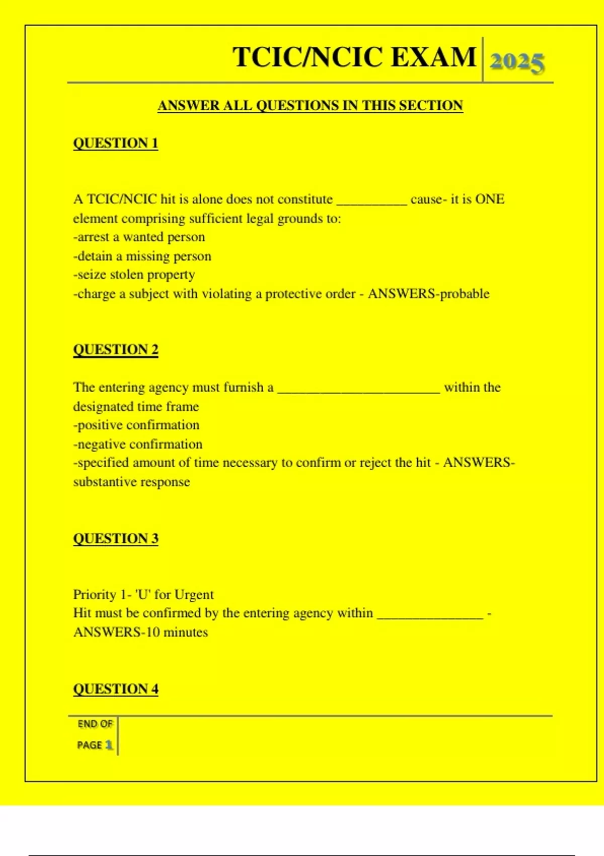 TCIC/NCIC EXAM QUESTIONS AND ANSWERS 2025 - TCIC/NCIC - Stuvia US