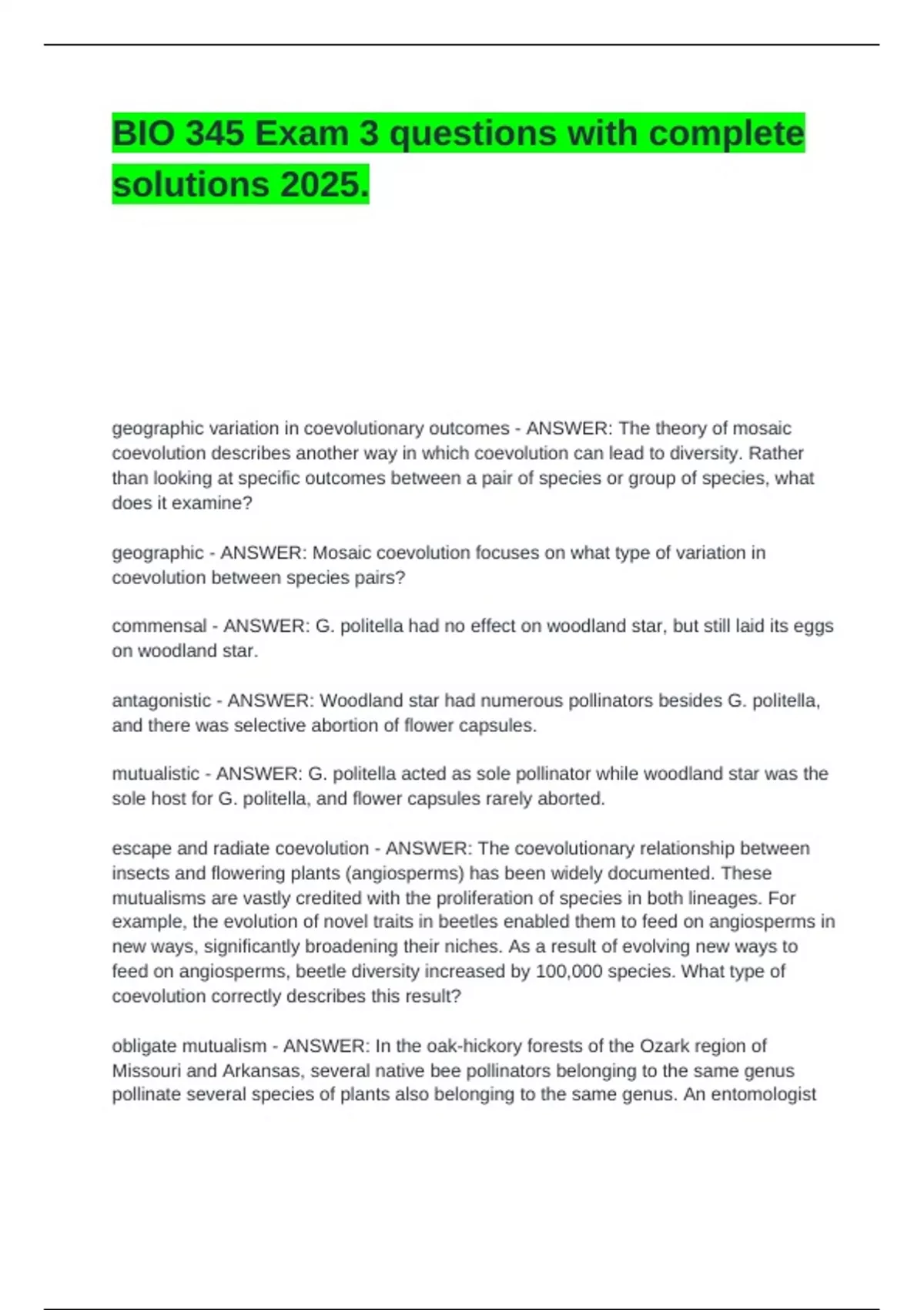 BIO 345 Exam 3 questions with complete solutions 2025. - Bio 345 ...