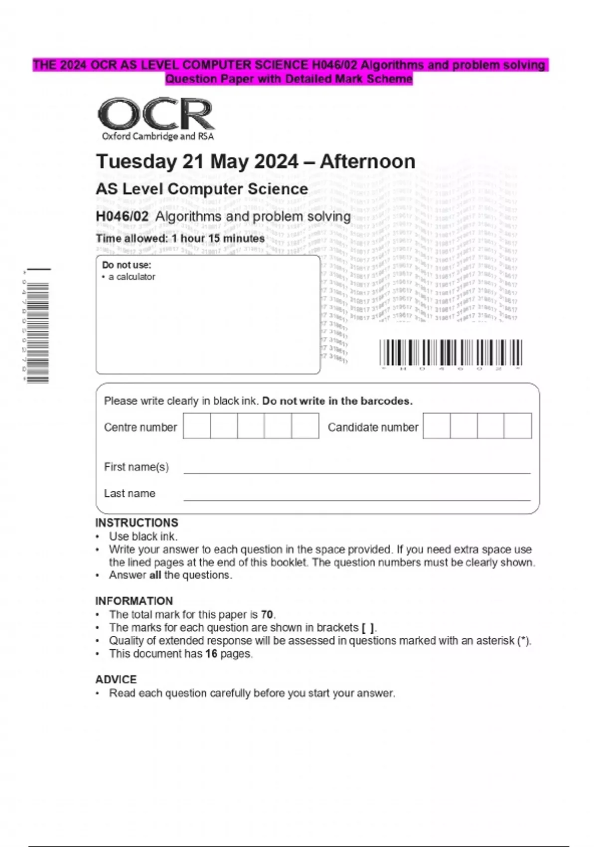 THE 2024 OCR AS LEVEL COMPUTER SCIENCE H046/02 Algorithms and problem ...
