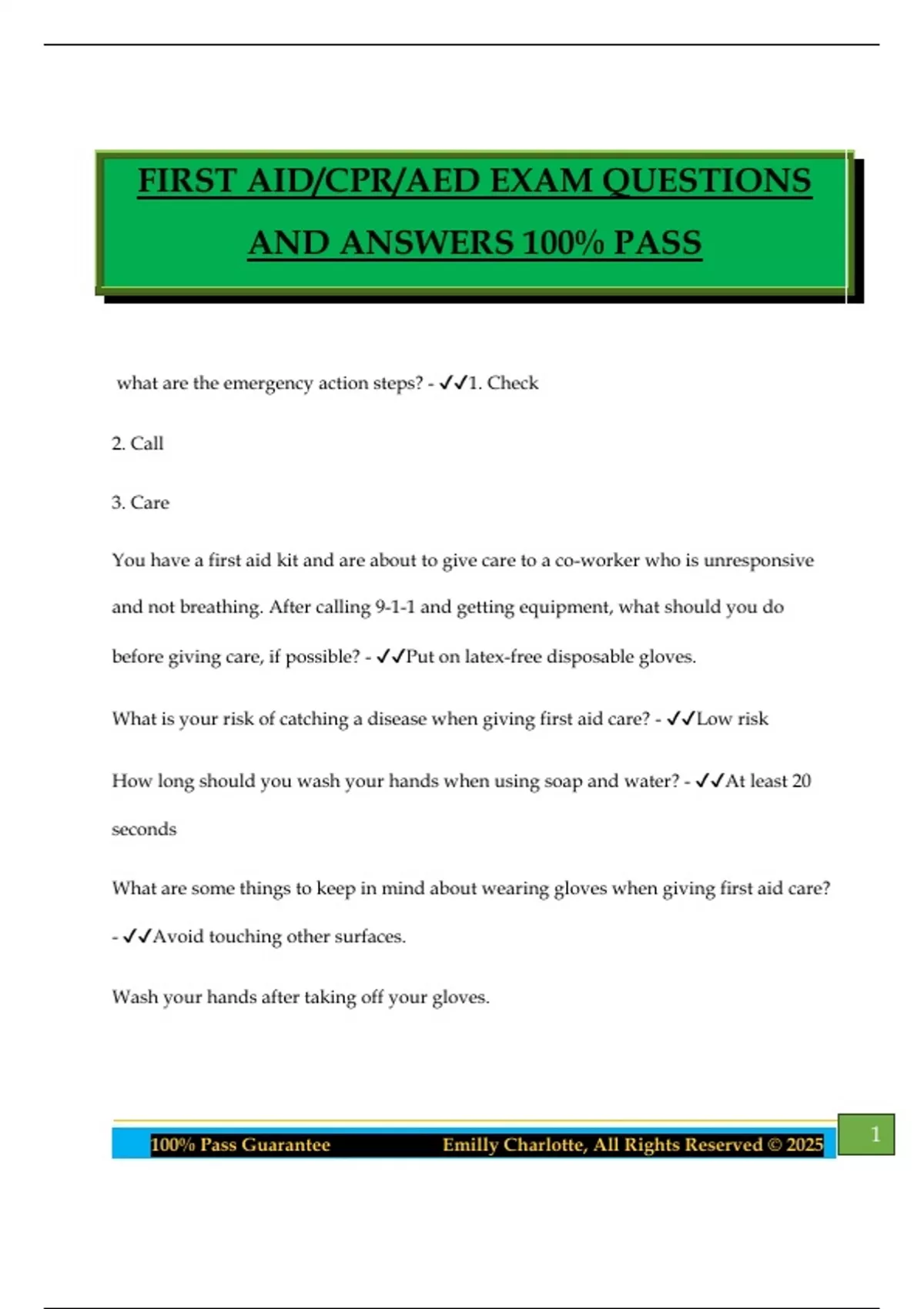 FIRST AID/CPR/AED EXAM QUESTIONS AND ANSWERS 100% PASS - CPR first Aid ...