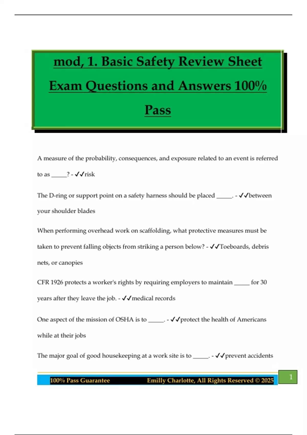 mod, 1. Basic Safety Review Sheet Exam Questions and Answers 100% Pass ...
