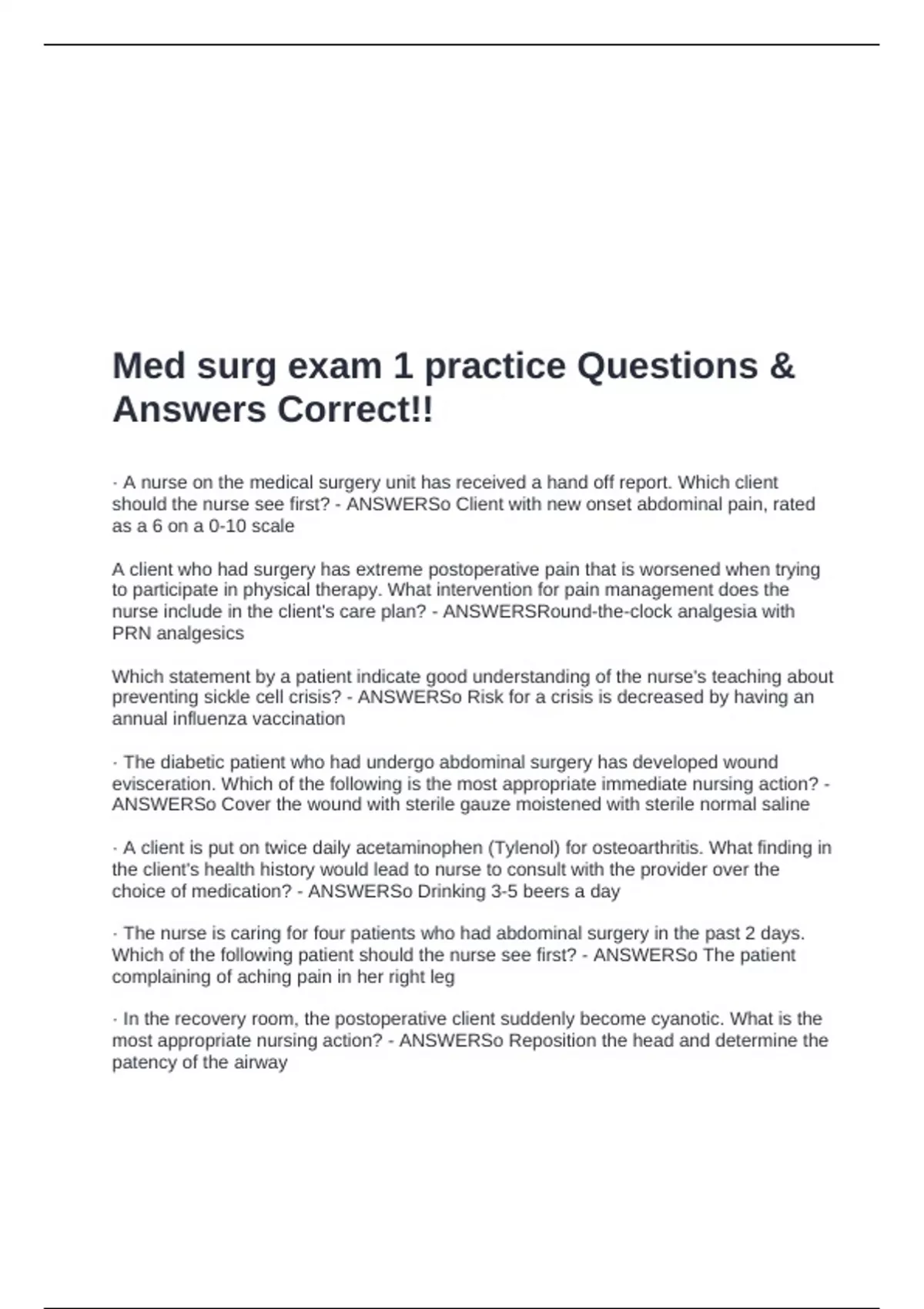 Med surg exam 1 practice Questions & Answers Correct!! - Med surg ...