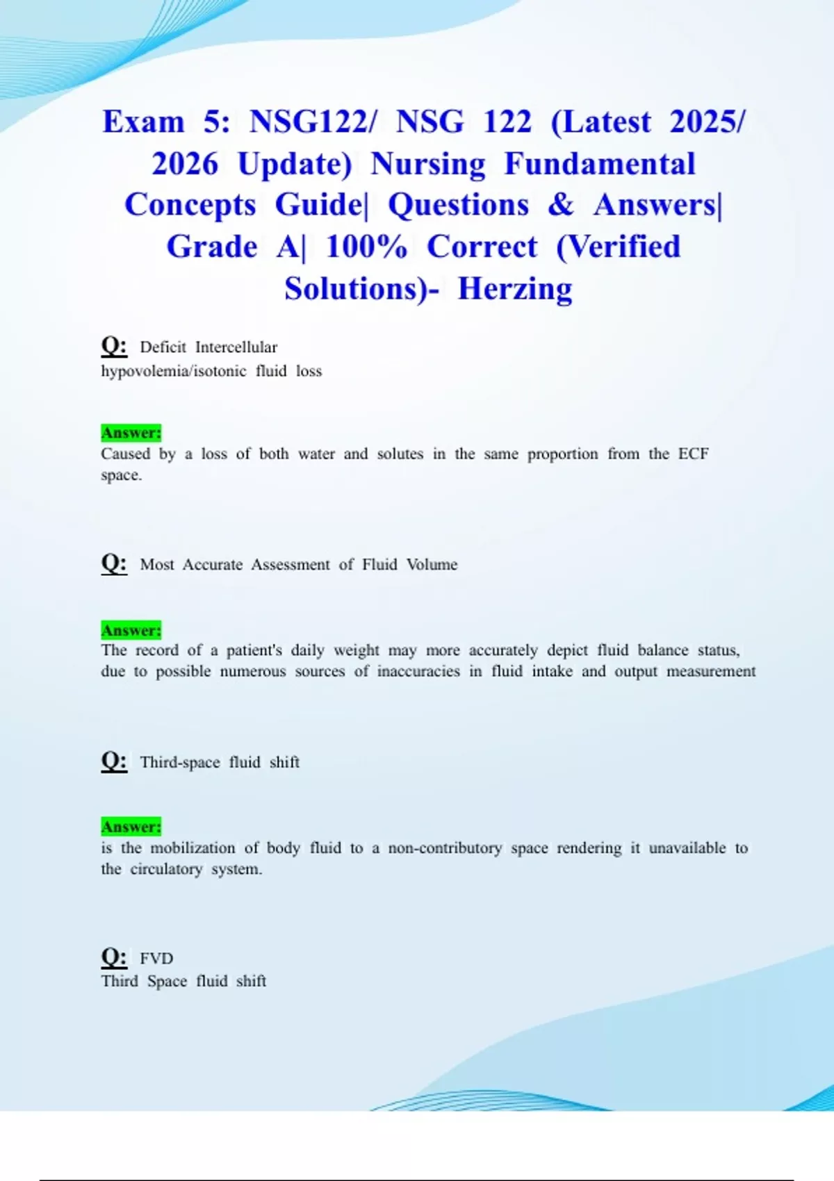Exam 5: NSG122/ NSG 122 (Latest 2025/ 2026 Update) Nursing Fundamental Concepts Guide| Questions ...