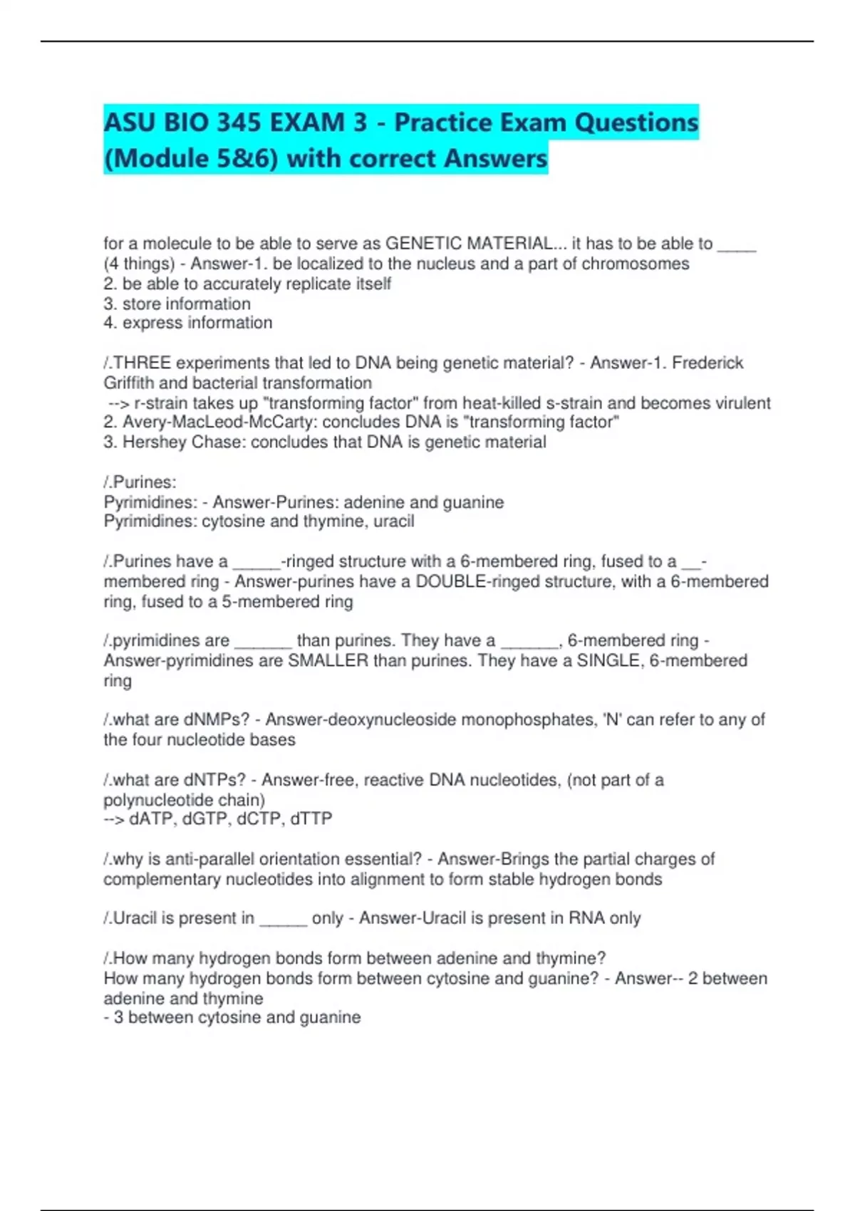 ASU BIO 345 EXAM 3 - Practice Exam Questions (Module 5&6) with correct ...
