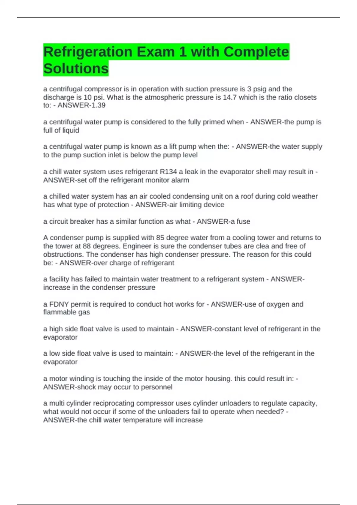 Refrigeration Exam 1 with Complete Solutions - Refrigeration - Stuvia US