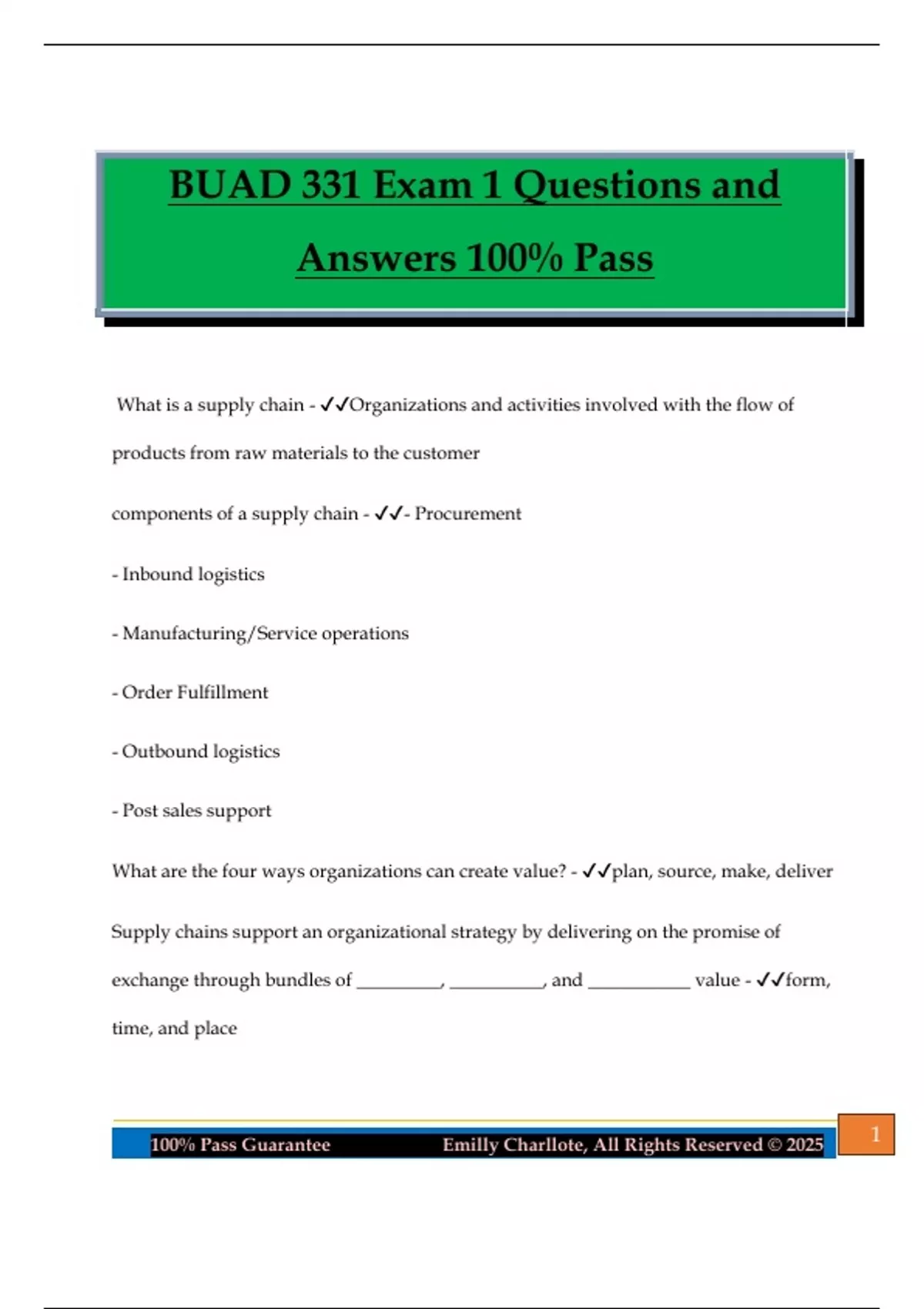 BUAD 331 Exam 1 Questions and Answers 100% Pass - BUAD 331 - Stuvia US