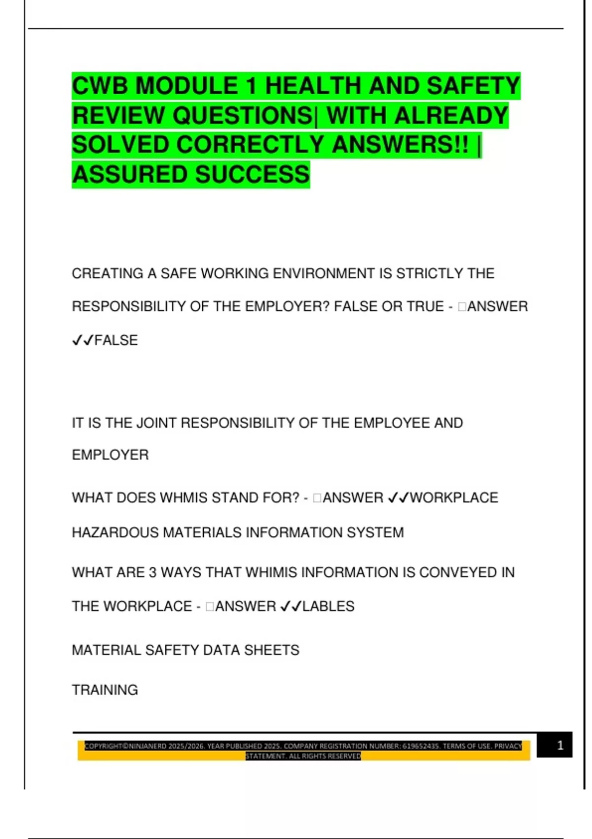 CWB MODULE 1 HEALTH AND SAFETY REVIEW QUESTIONS| WITH ALREADY SOLVED ...