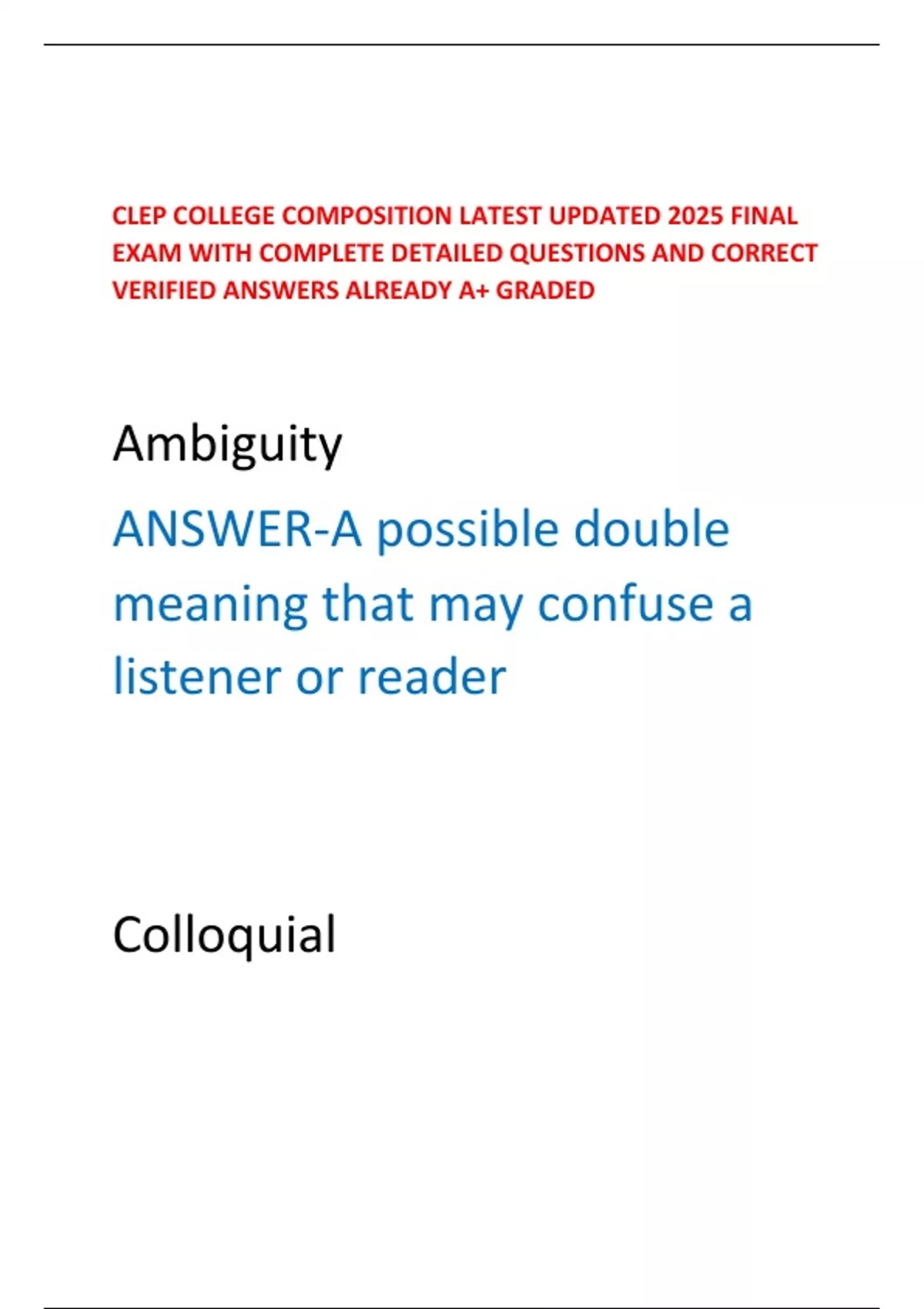CLEP COLLEGE COMPOSITION LATEST UPDATED 2025 FINAL EXAM WITH COMPLETE ...