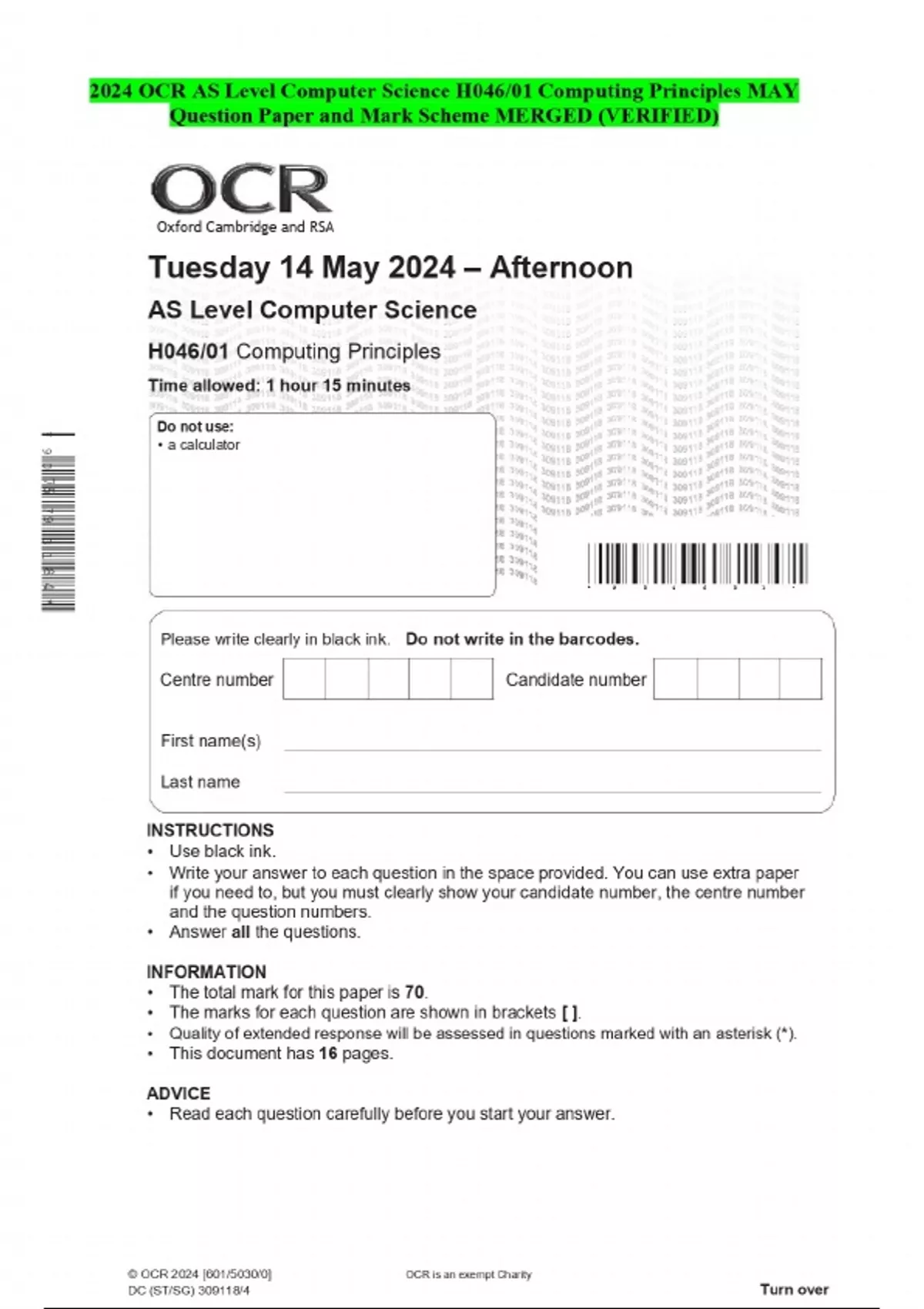 2024 OCR AS Level Computer Science H046/01 Computing Principles MAY ...