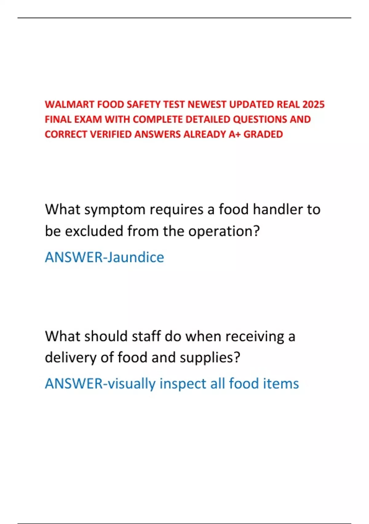 WALMART FOOD SAFETY TEST NEWEST UPDATED REAL 2025 FINAL EXAM WITH ...