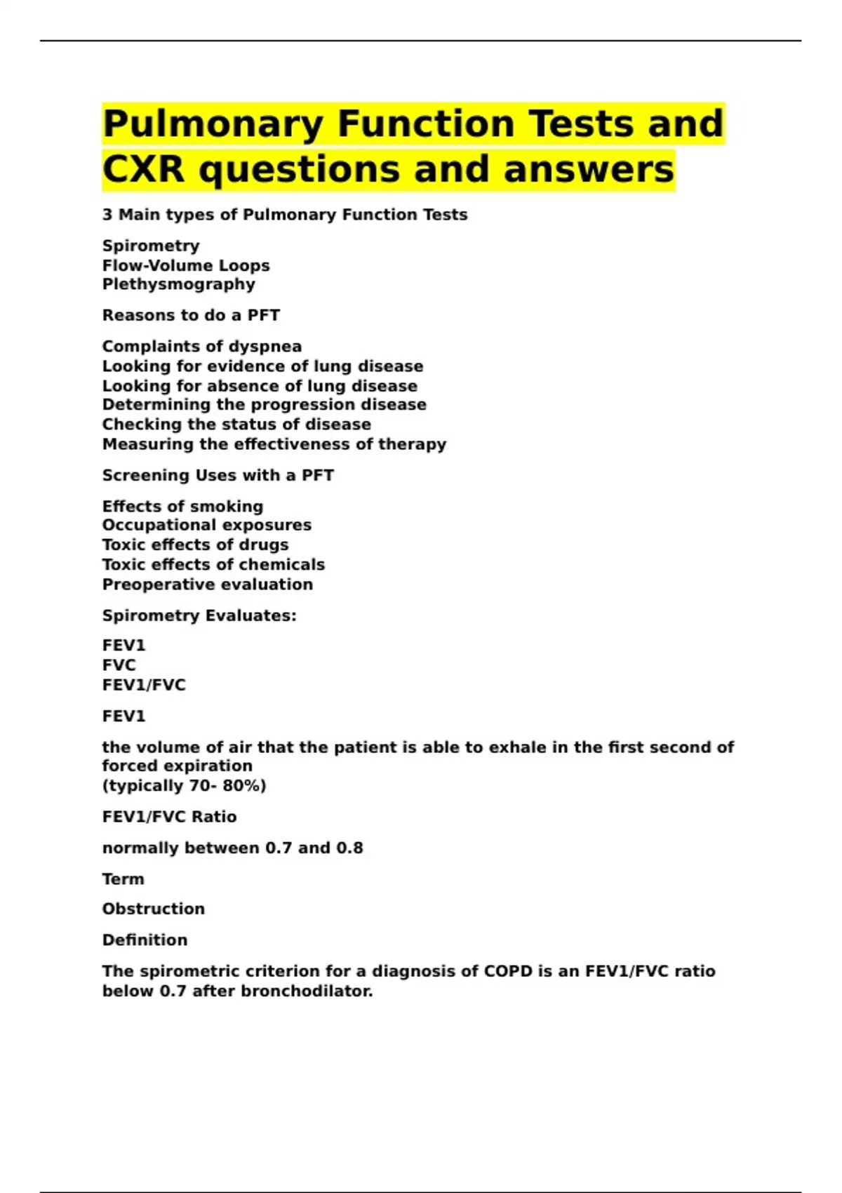 Pulmonary Function Tests and CXR questions and answers. - Cxr - Stuvia US