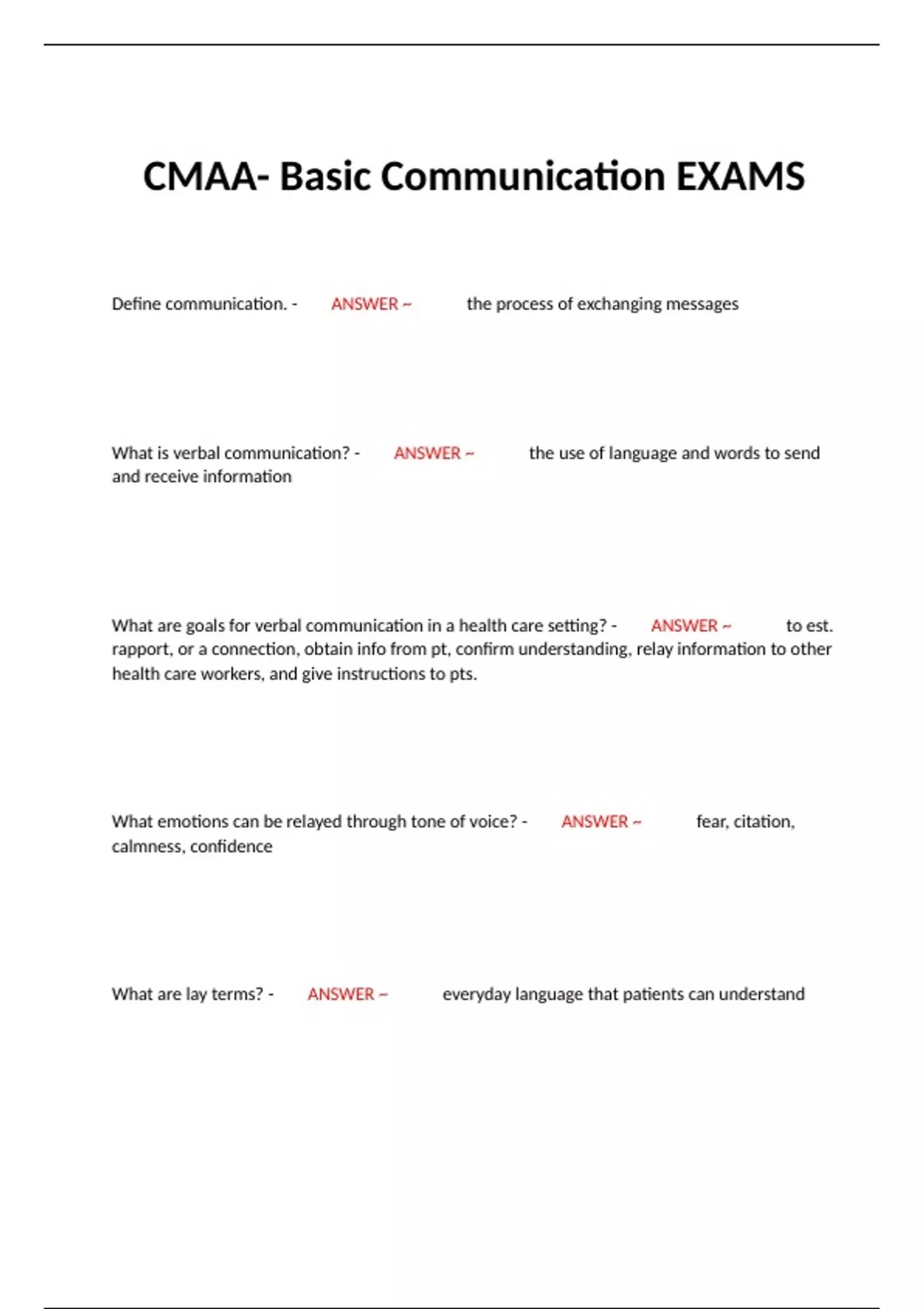 Cmaay Form CMAA- Basic Communication EXAMS - CMAA - Stuvia US