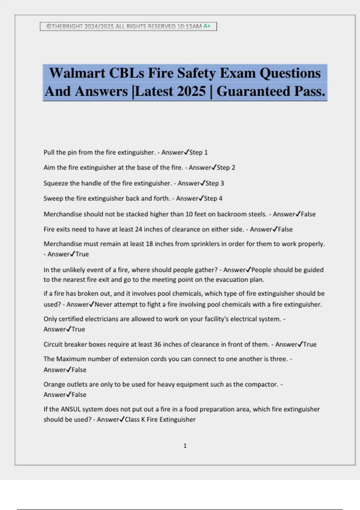 Walmart CBLs Fire Safety Exam Questions And Answers |Latest 2025 ...