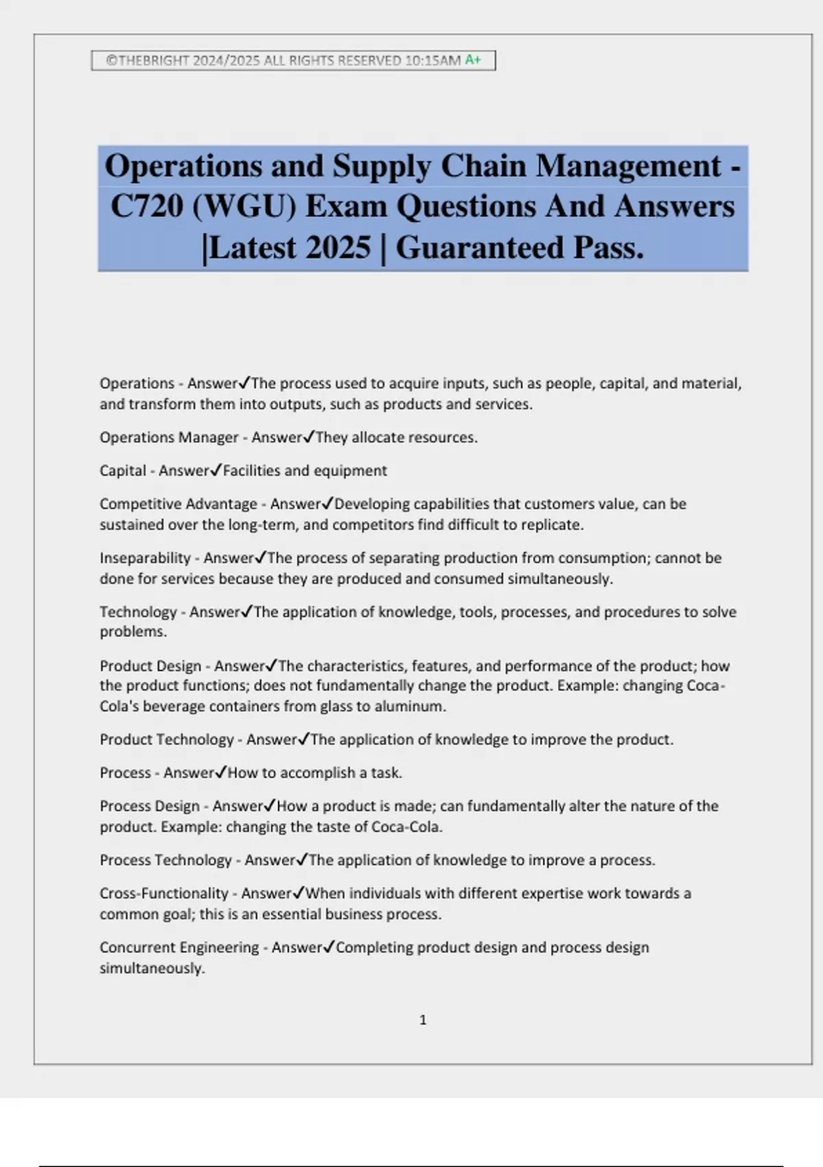 Operations and Supply Chain Management - C720 (WGU) Exam Questions And ...
