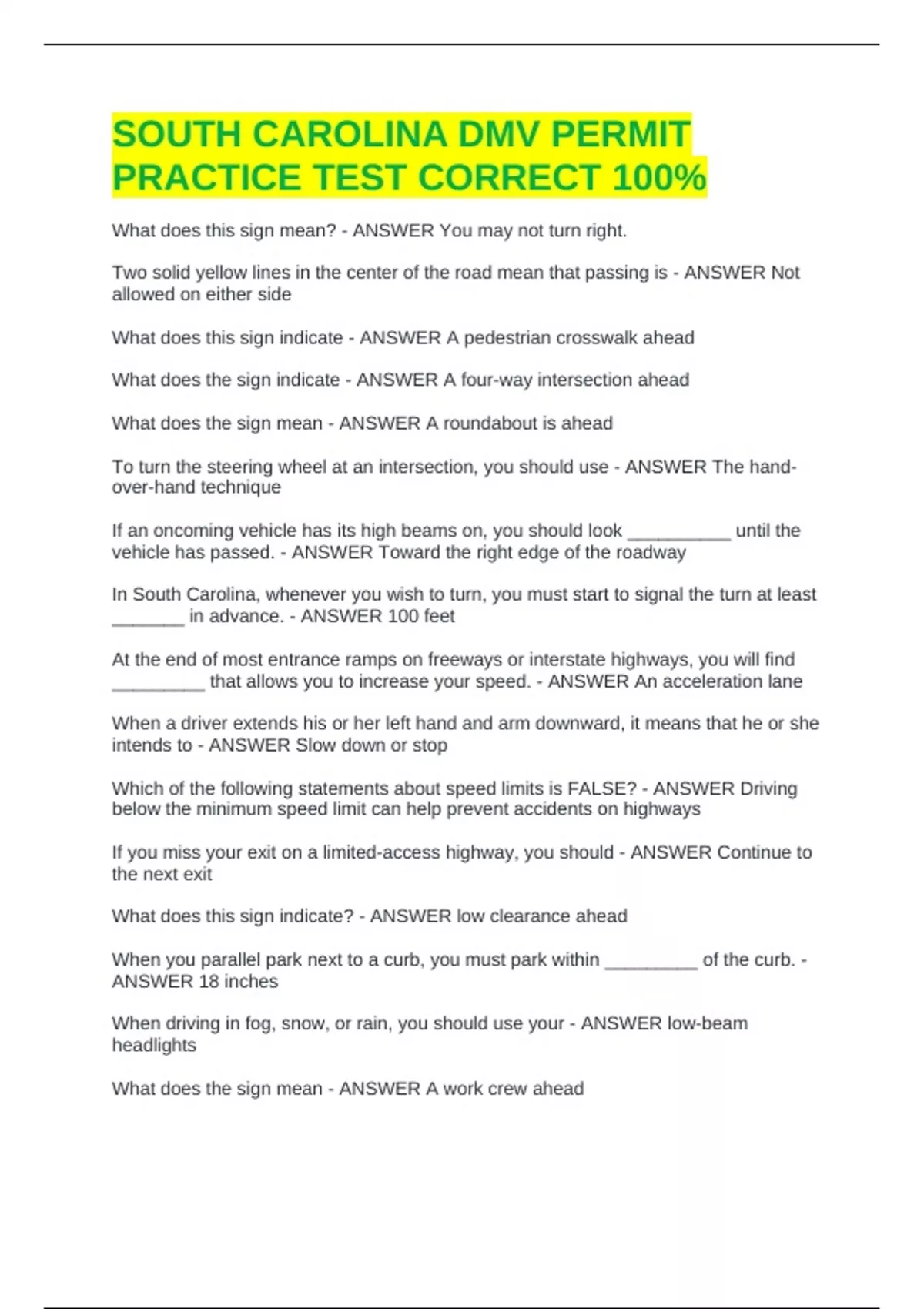 SOUTH CAROLINA DMV PERMIT PRACTICE TEST CORRECT 100% - SOUTH CAROLINA DMV PERMIT - Stuvia US