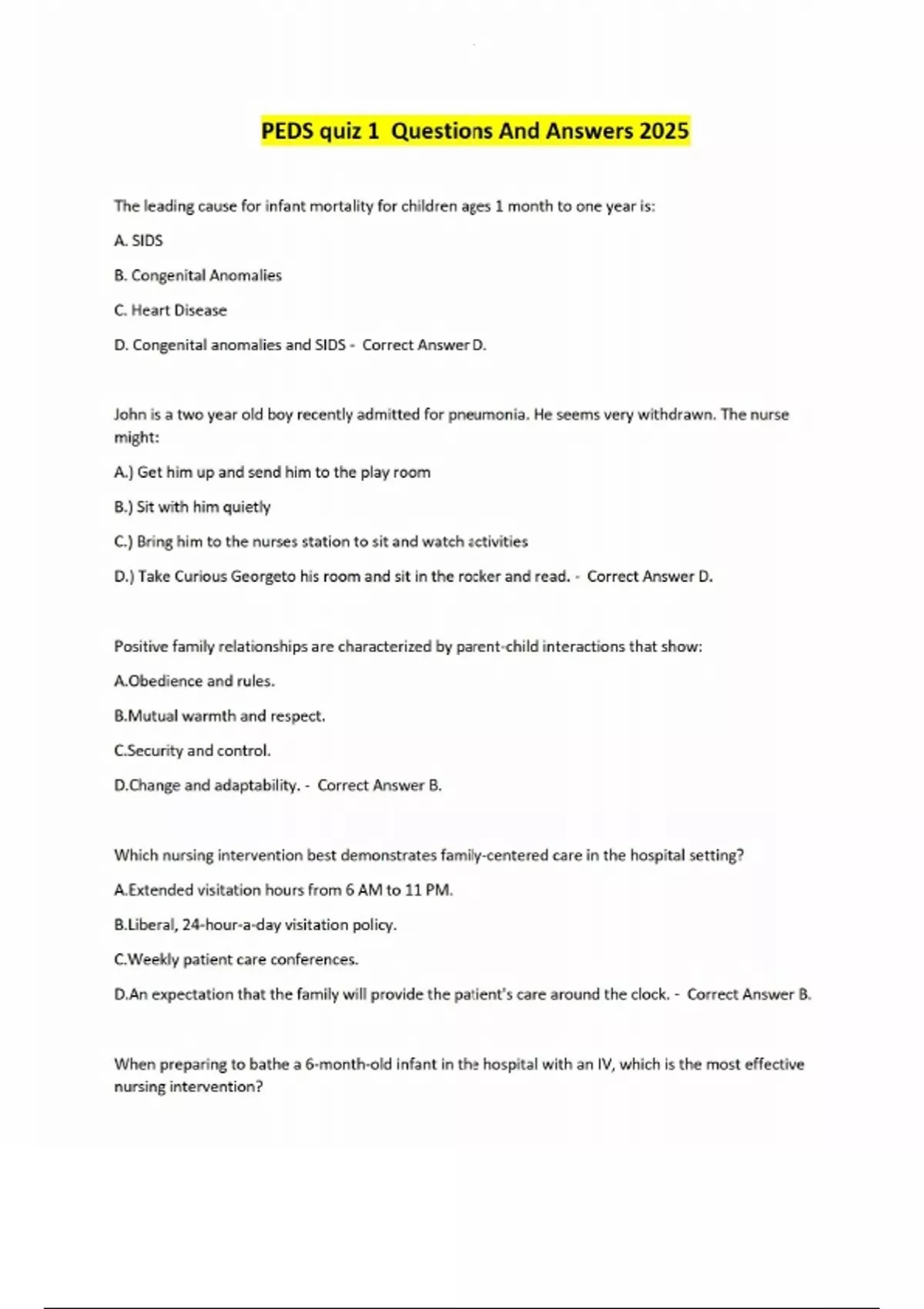PEDS quiz 1 Questions And Answers 2025 - Nursing peds - Stuvia US