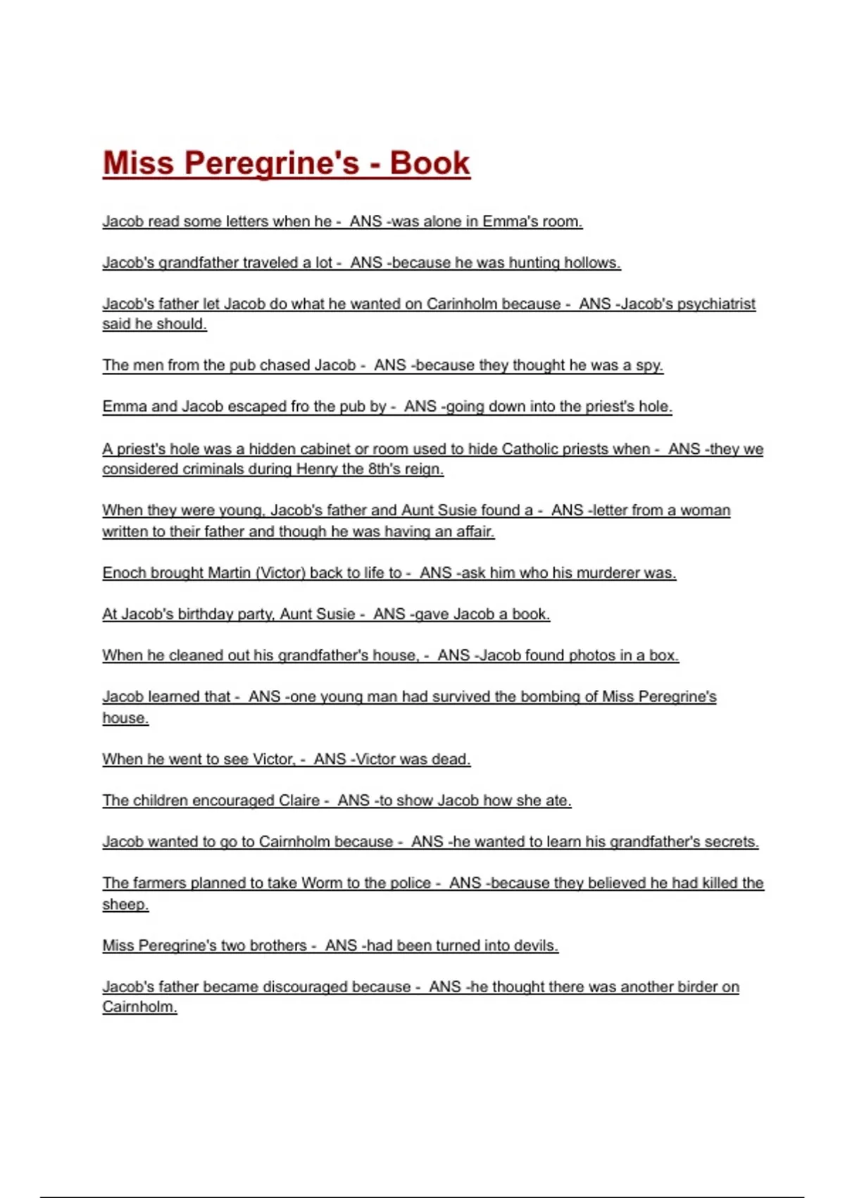 Miss Peregrine's - Book Exam Questions with correct Answers 2025/2026( A+ GRADED 100% VERIFIED ...