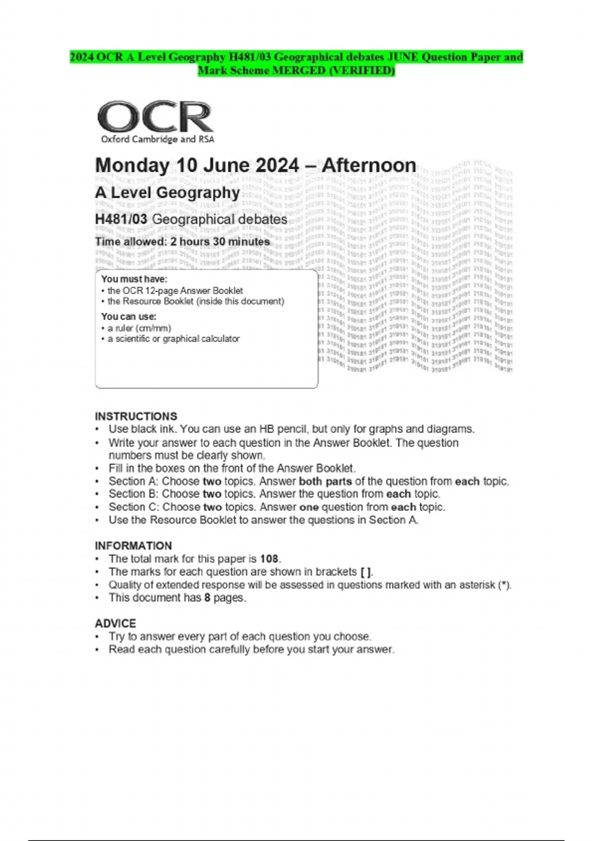 2024 OCR A Level Geography H481/03 Geographical debates JUNE Question ...