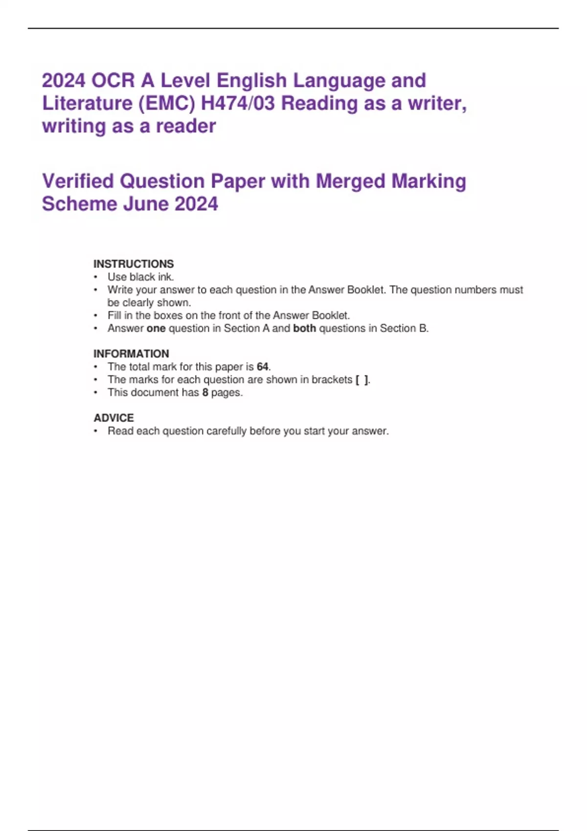 2024 OCR A Level English Language and Literature (EMC) H474/03 Reading ...