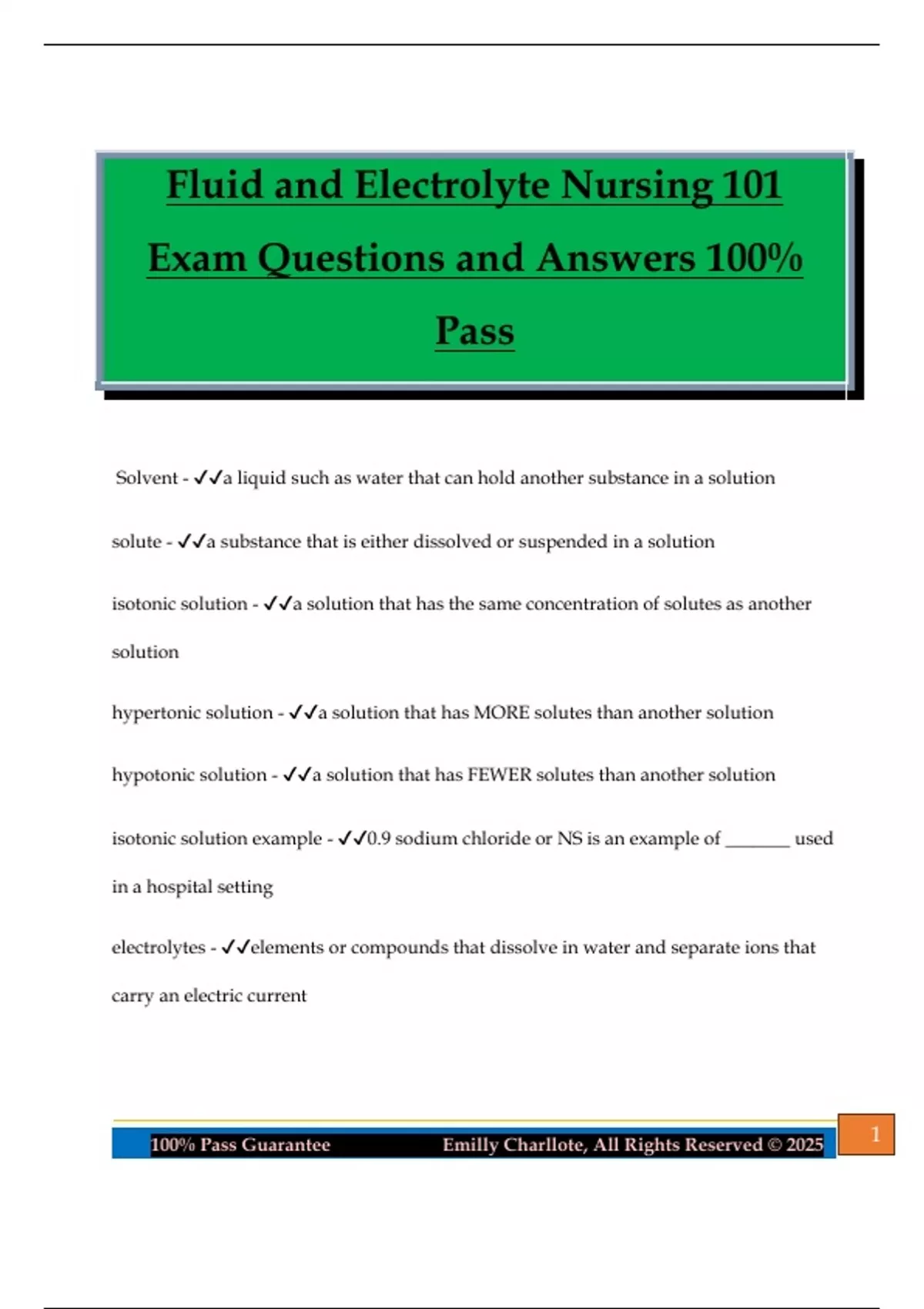 Fluid and Electrolyte Nursing 101 Exam Questions and Answers 100% Pass ...
