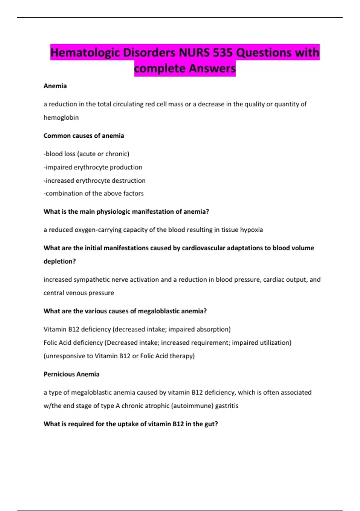 Hematologic Disorders NURS 535 Questions with complete Answers - NURS ...