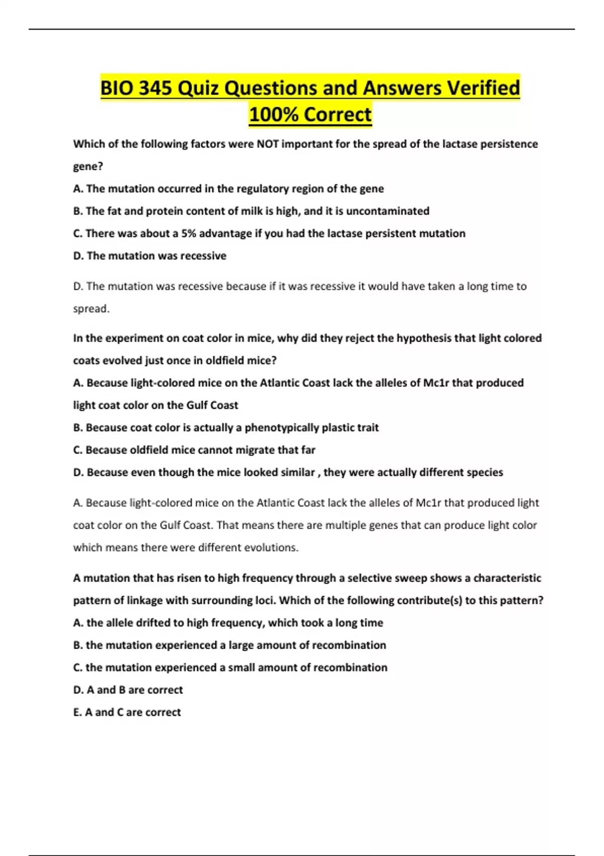 BIO 345 Quiz Questions and Answers Verified 100% Correct - BIO 345 ...