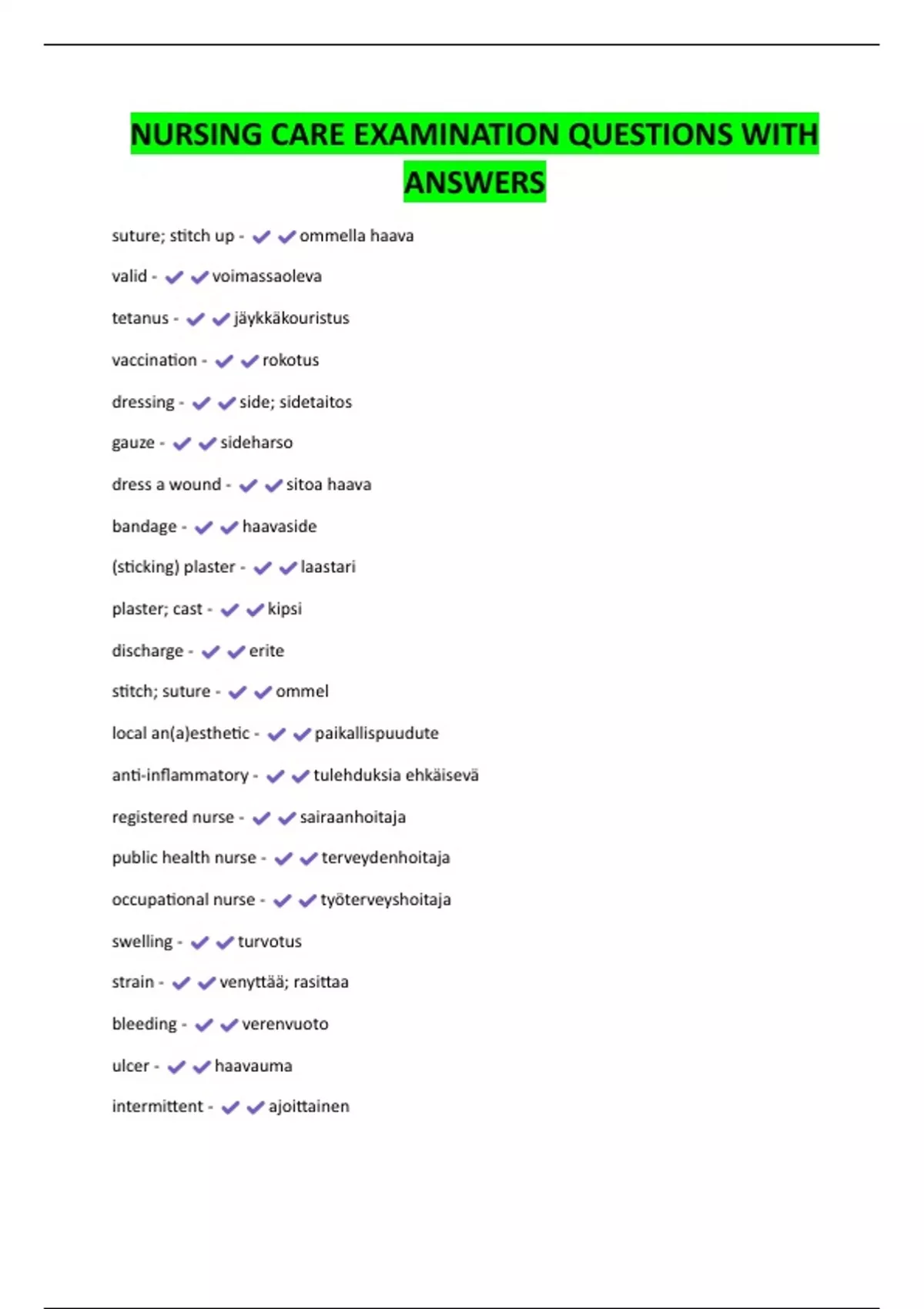 NURSING CARE EXAMINATION QUESTIONS WITH ANSWERS - NURC - Stuvia US