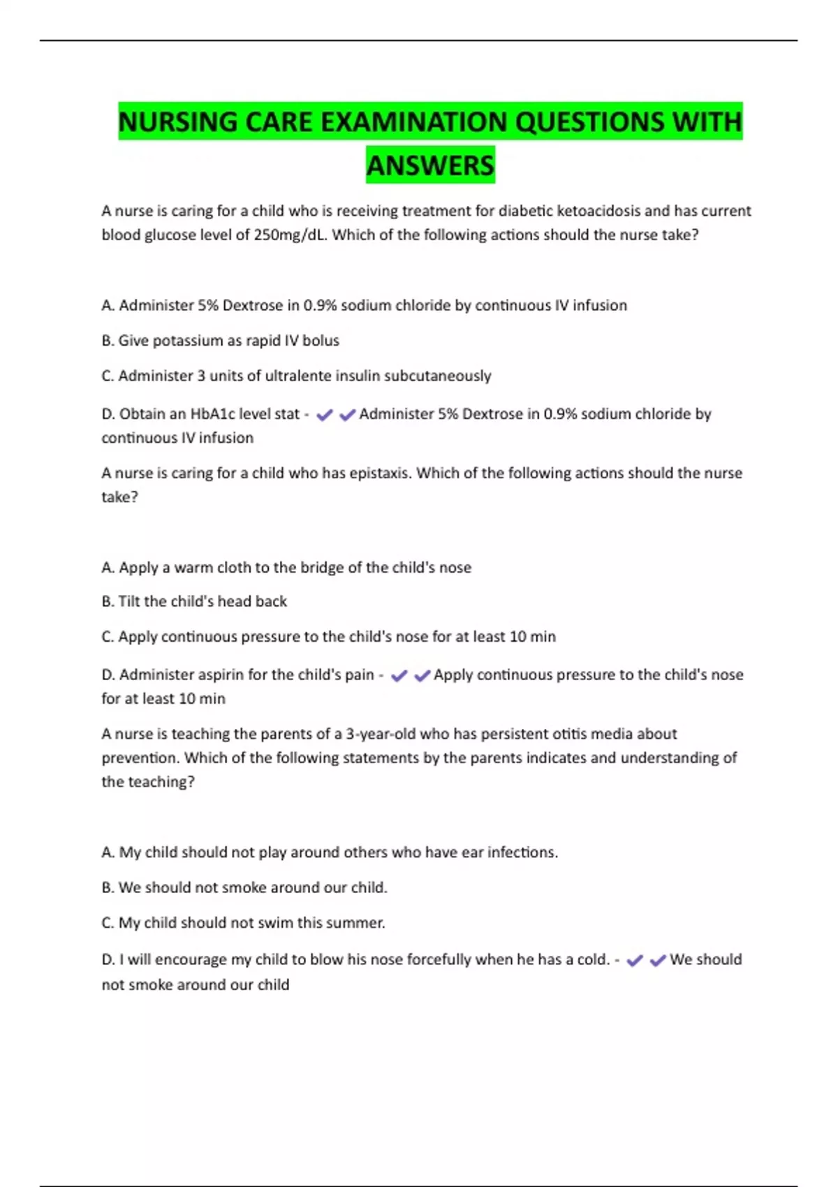 NURSING CARE EXAMINATION QUESTIONS WITH ANSWERS - NURC - Stuvia US