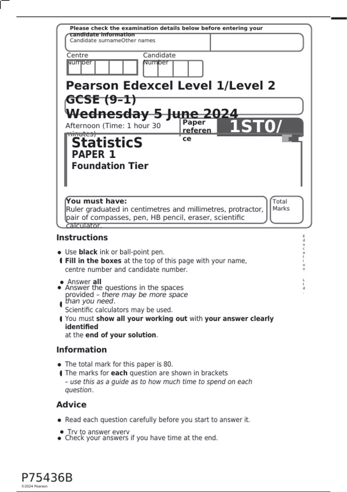 Pearson Edexcel Level 1/ 2 GCSE STATISTICS 1STO PAPER 1 HIGHER TIER ...