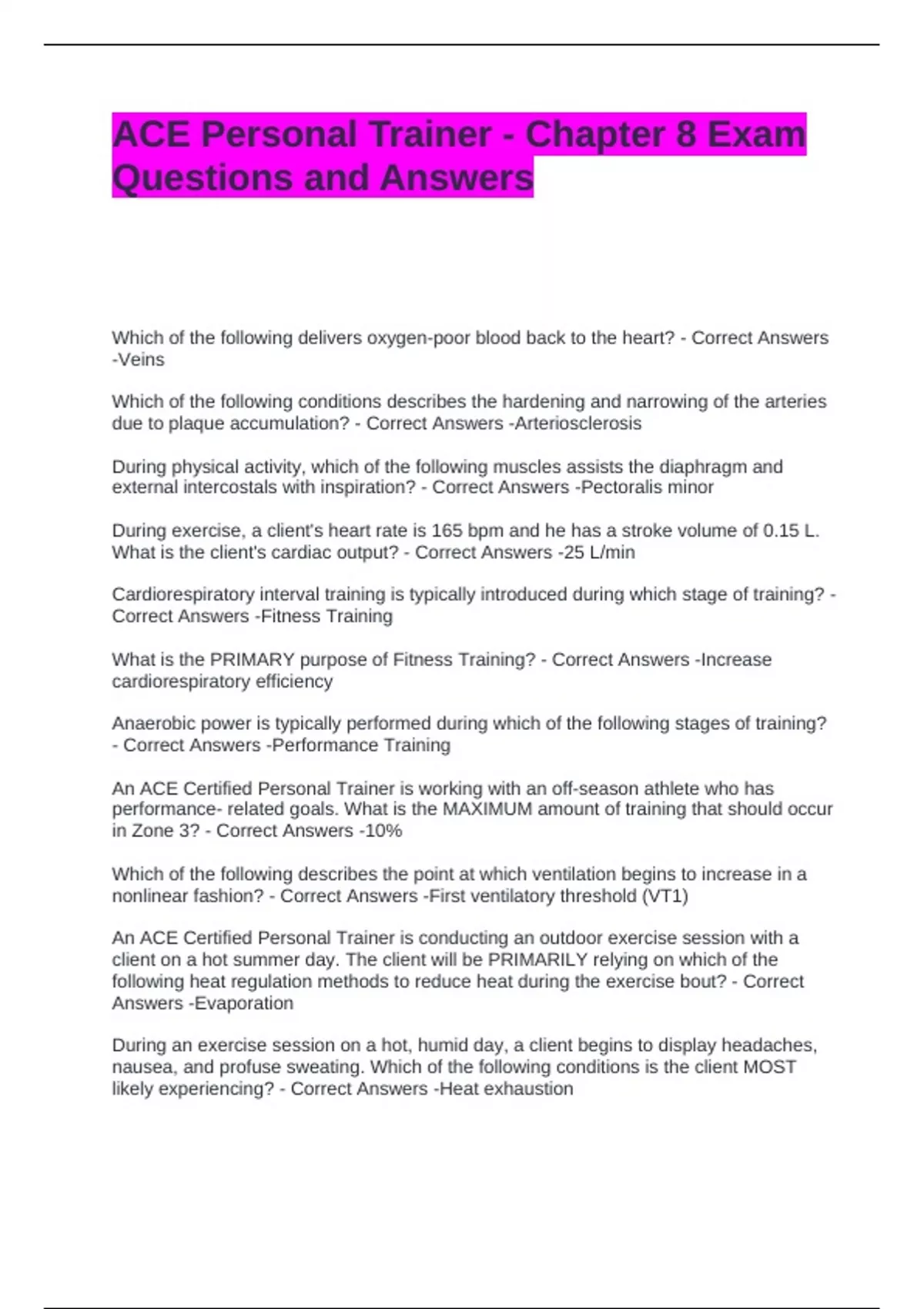 Ace Personal Trainer Chapter 8 Exam Questions And Answers Ace