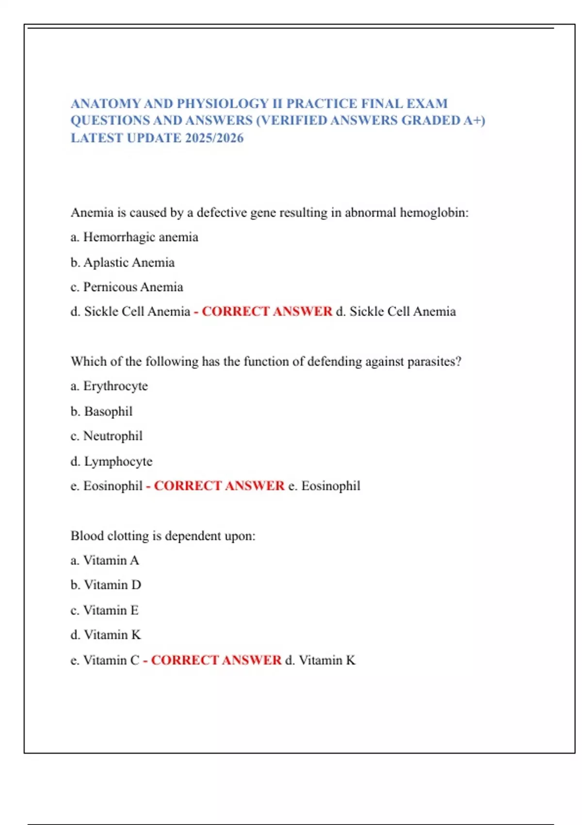 ANATOMY AND PHYSIOLOGY II PRACTICE FINAL EXAM QUESTIONS AND ANSWERS ...