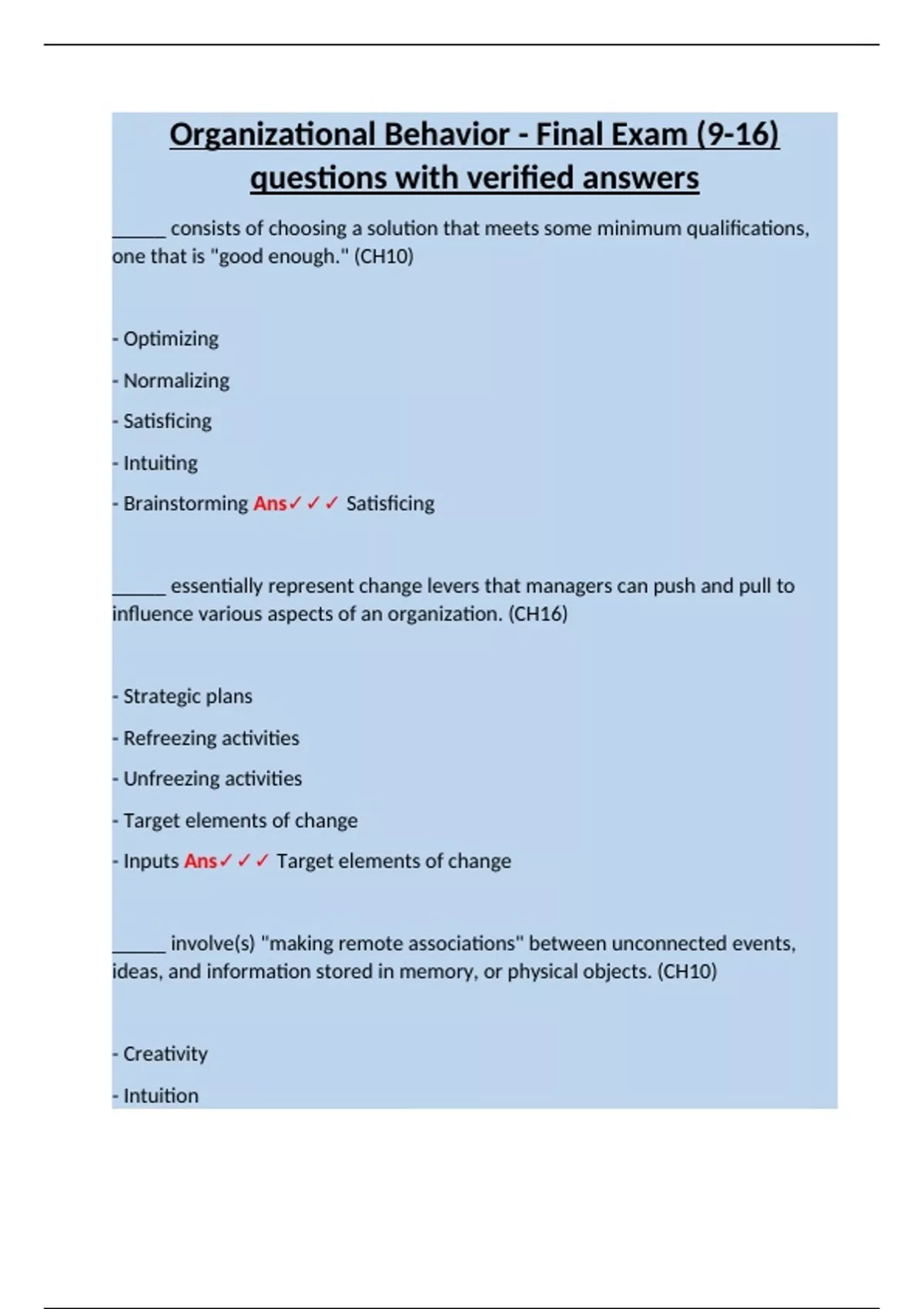 Organizational Behavior - Final Exam (9-16) questions with verified ...