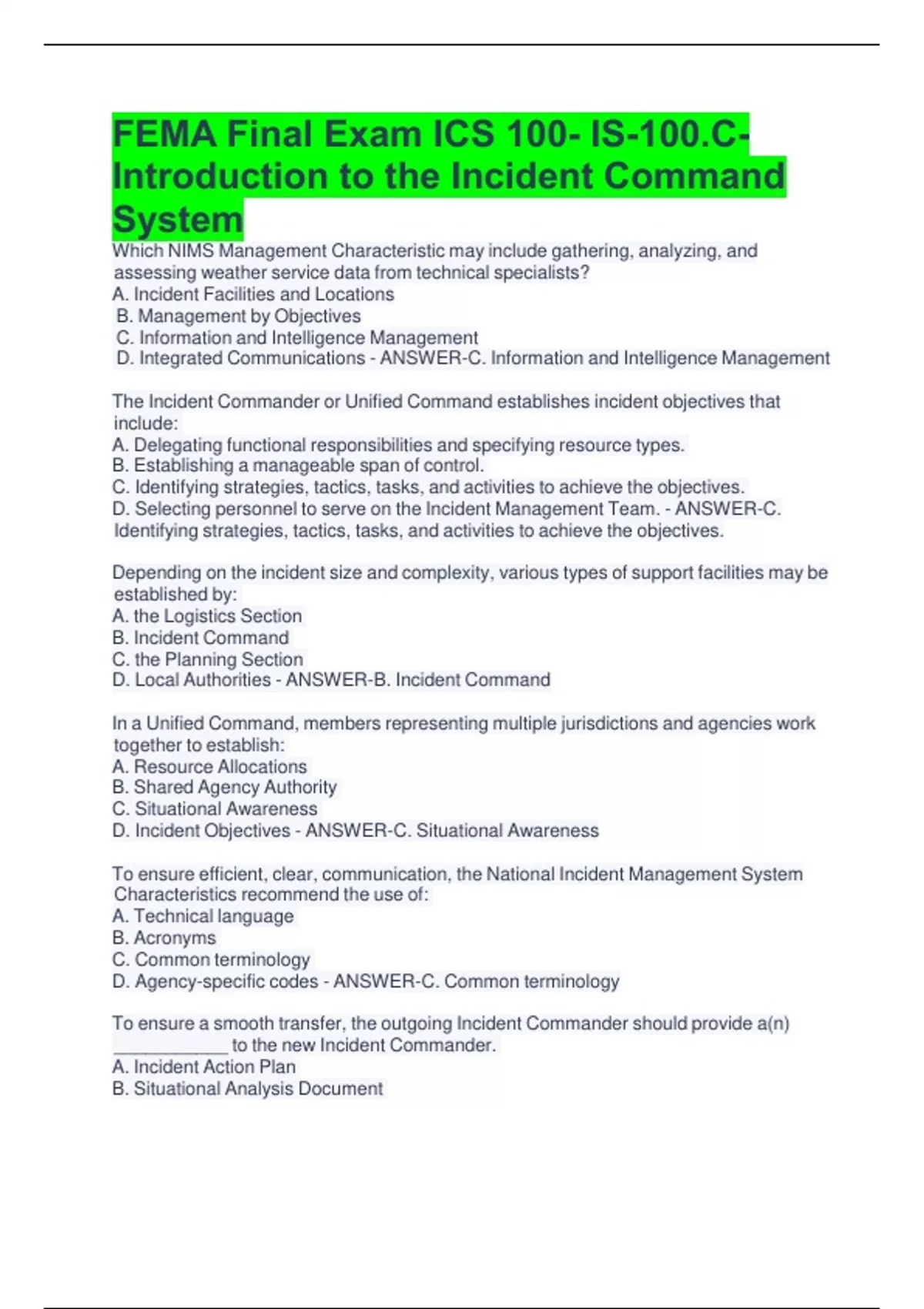 FEMA Final Exam ICS 100- IS-100.C- Introduction to the Incident Command ...