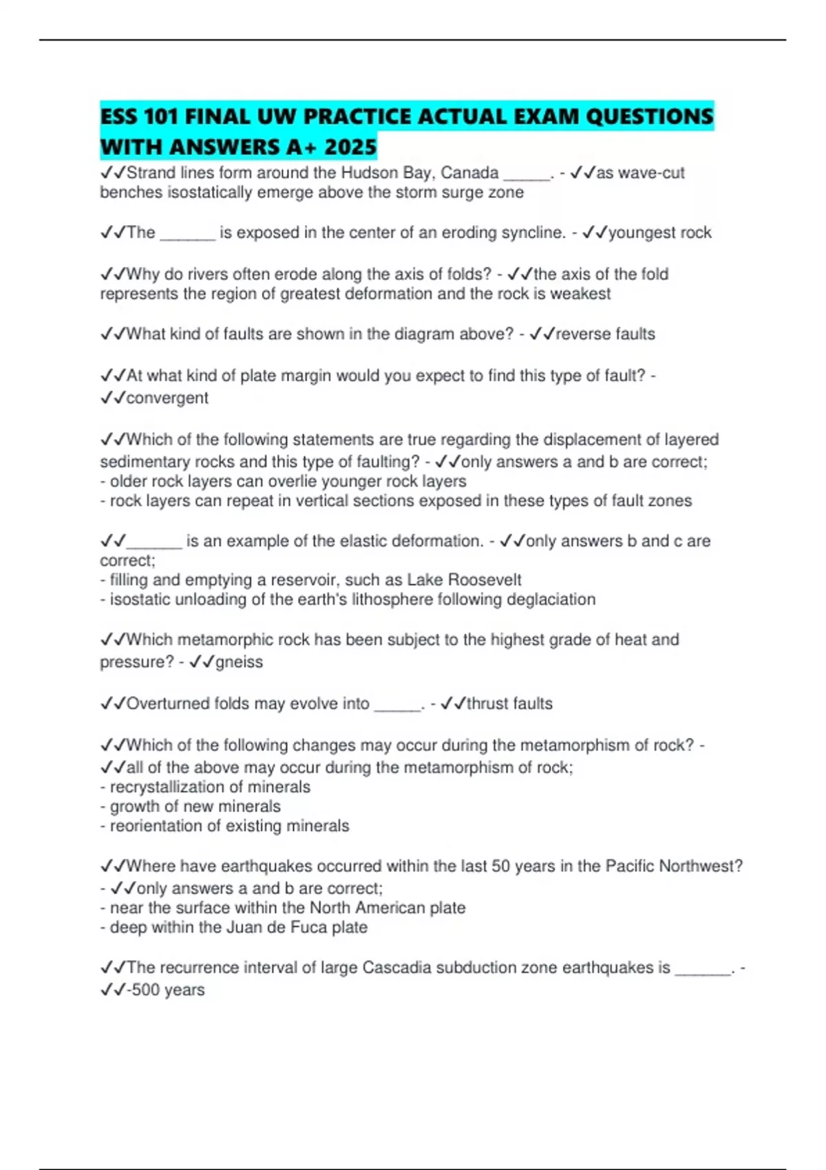 ESS 101 FINAL UW PRACTICE ACTUAL EXAM QUESTIONS WITH ANSWERS A+ 2025 ...